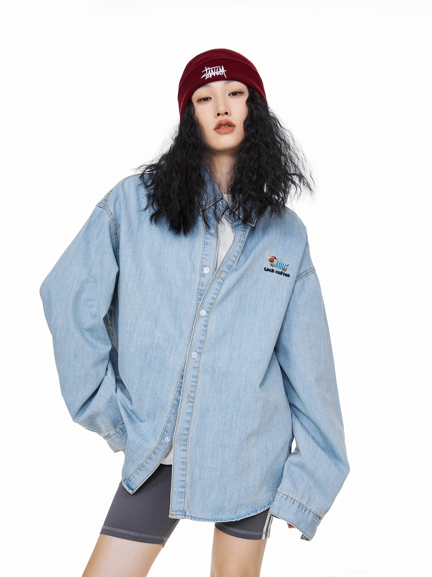 ICH MODE 美式复古刺绣长袖牛仔衬衫女秋冬百搭宽松休闲衬衣外套