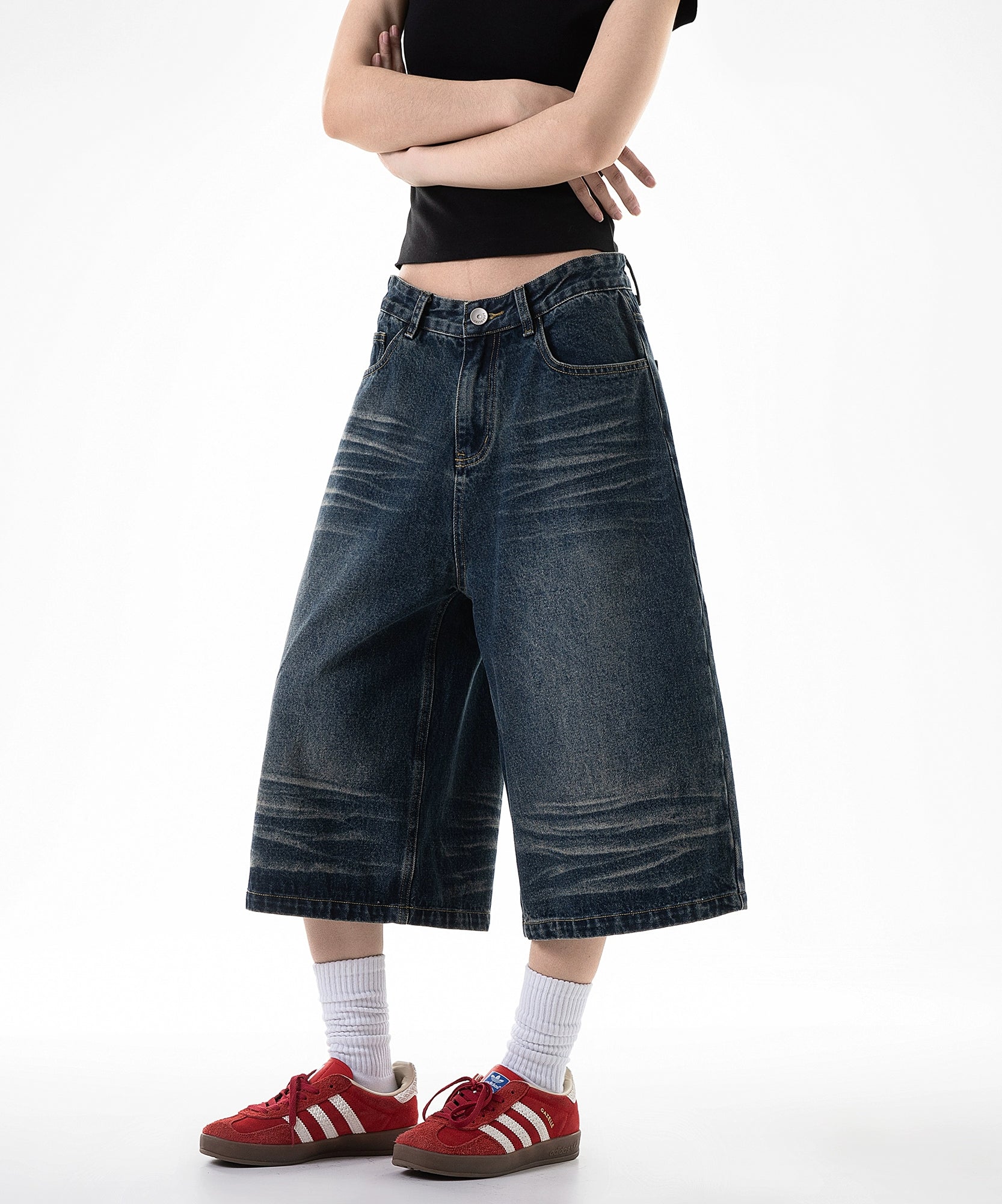 ICH MODE 美式七分裤牛仔裤女夏季宽松直筒工装休闲阔腿裤中短裤