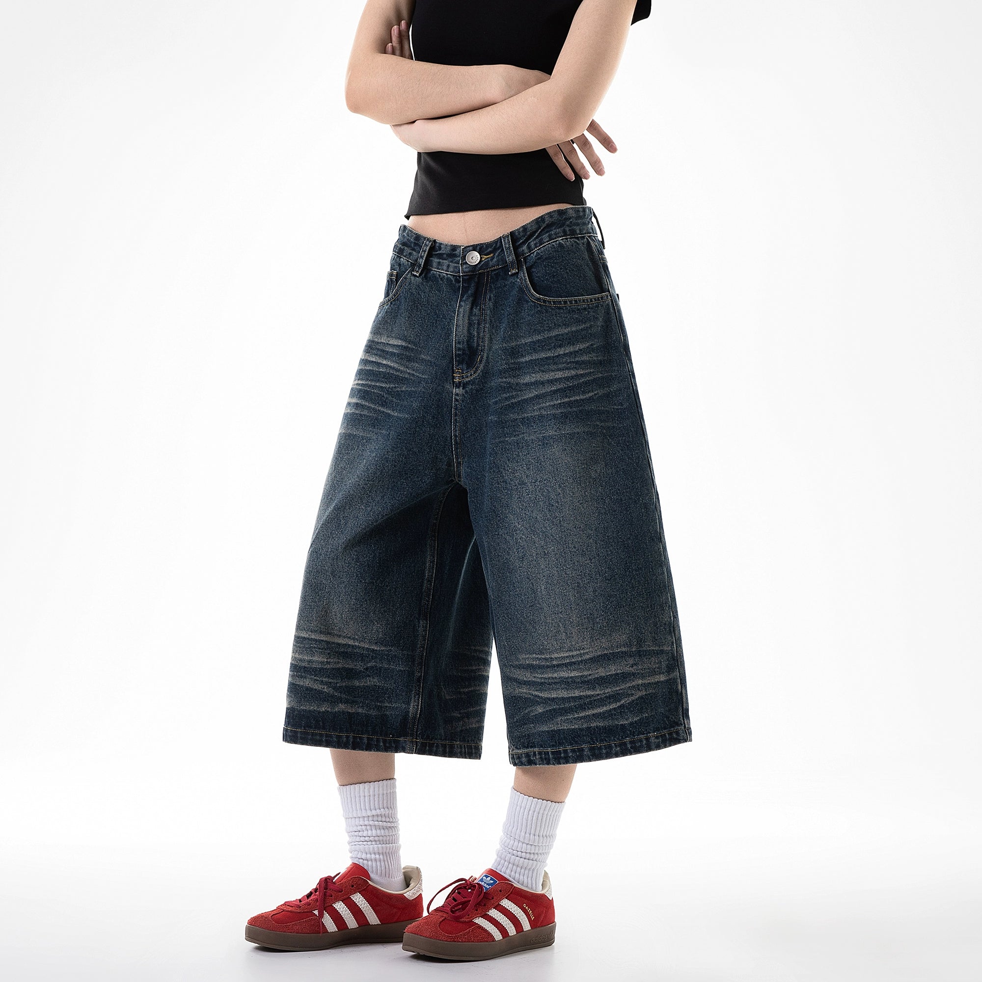 ICH MODE 美式七分裤牛仔裤女夏季宽松直筒工装休闲阔腿裤中短裤