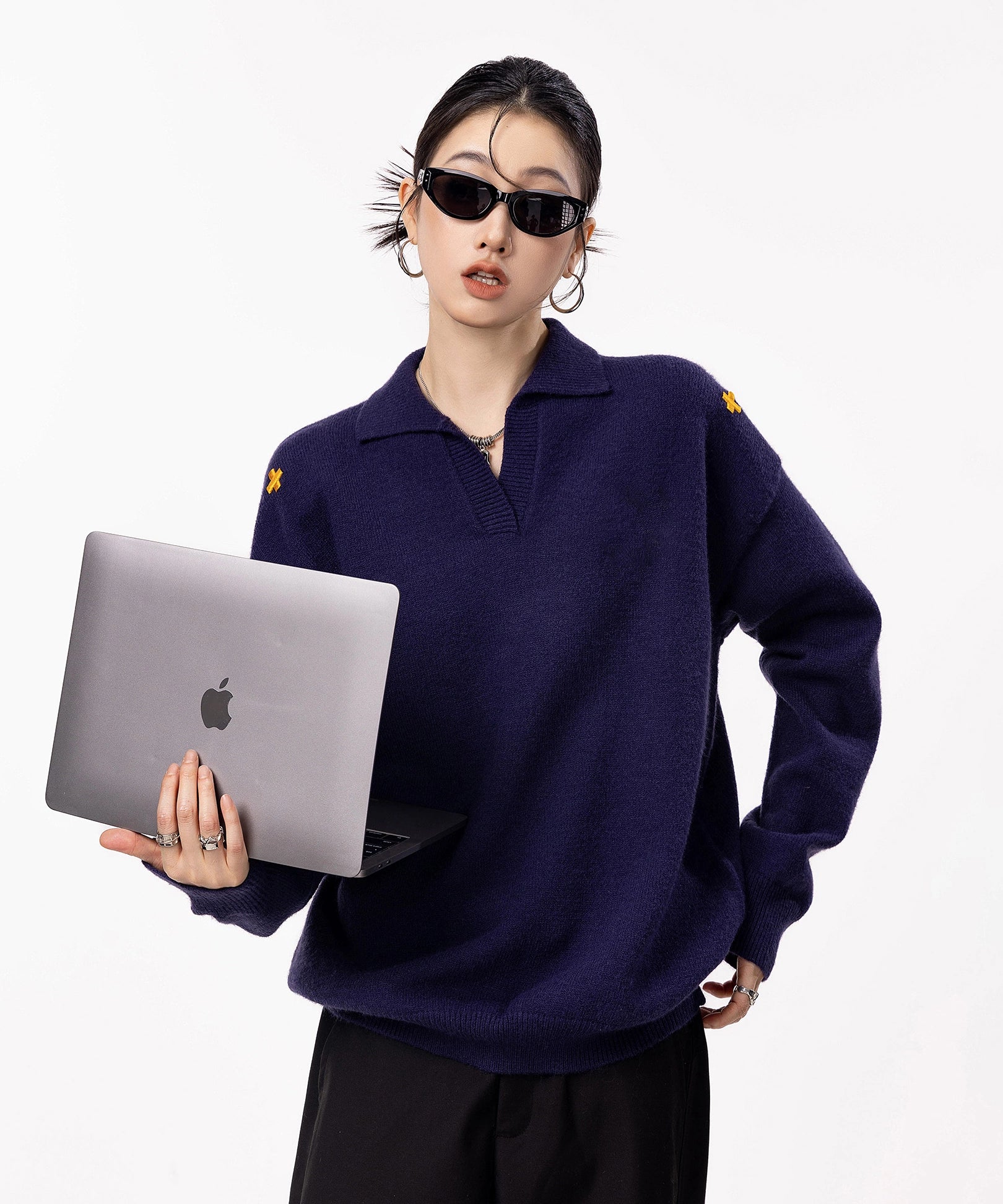 ICH MODE 美式V领套头毛衣外套女秋冬季新款休闲慵懒毛针织衫上衣