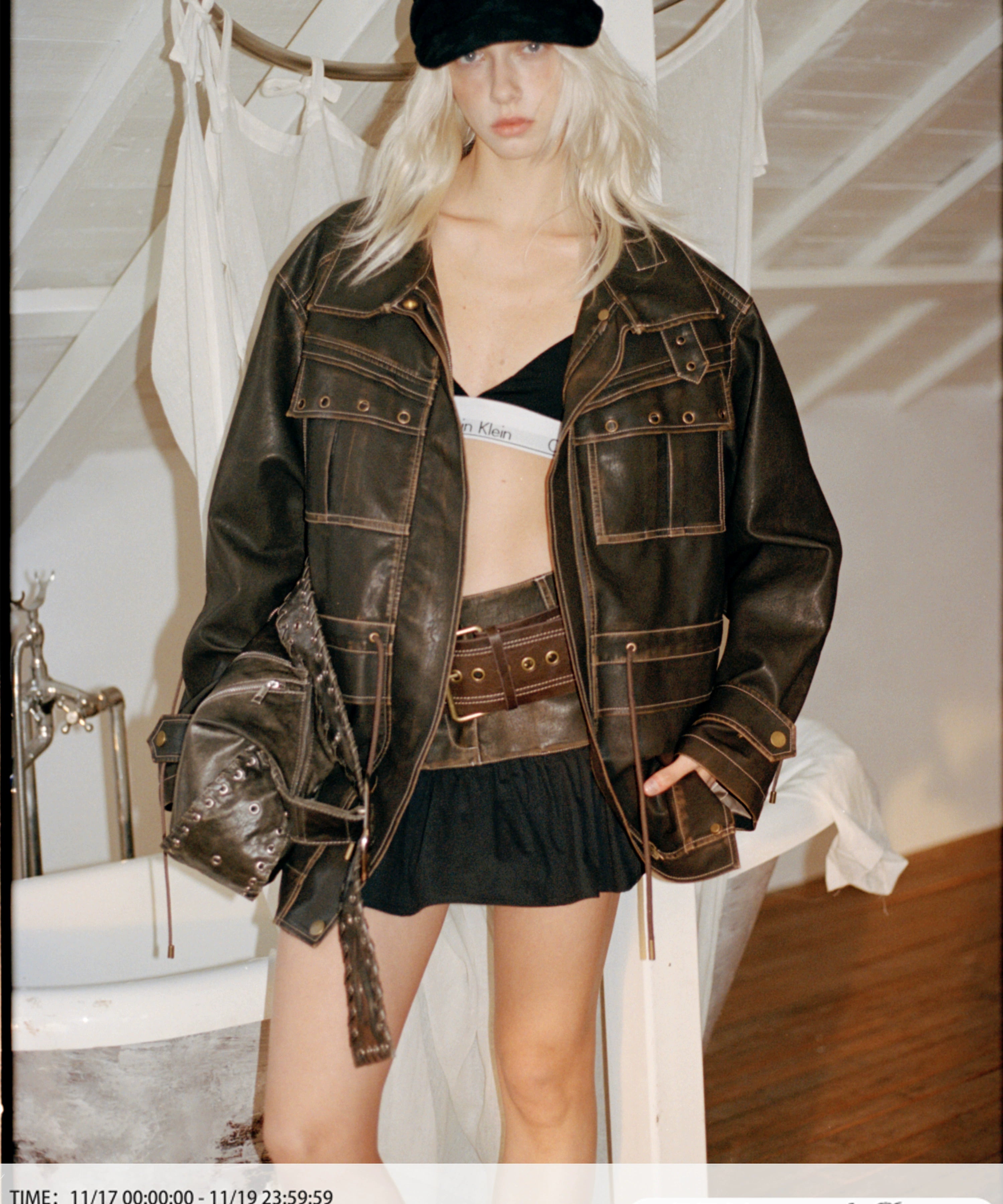 2th Desire美式复古重磅做旧擦色皮衣外套女廓形秋季机车工装夹克