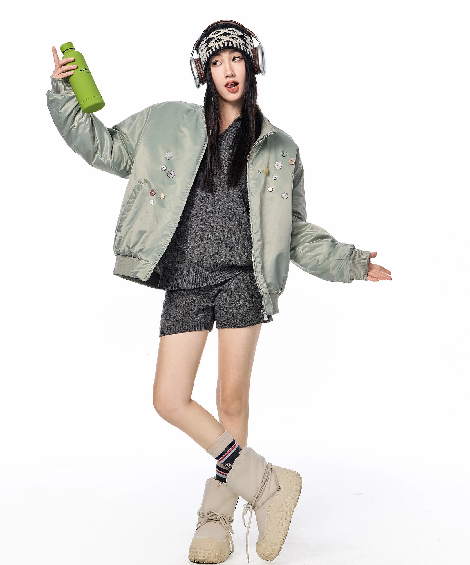 ICH MODE 美式复古彩扣薄棉服女2025新款秋冬季宽松立领棉衣外套