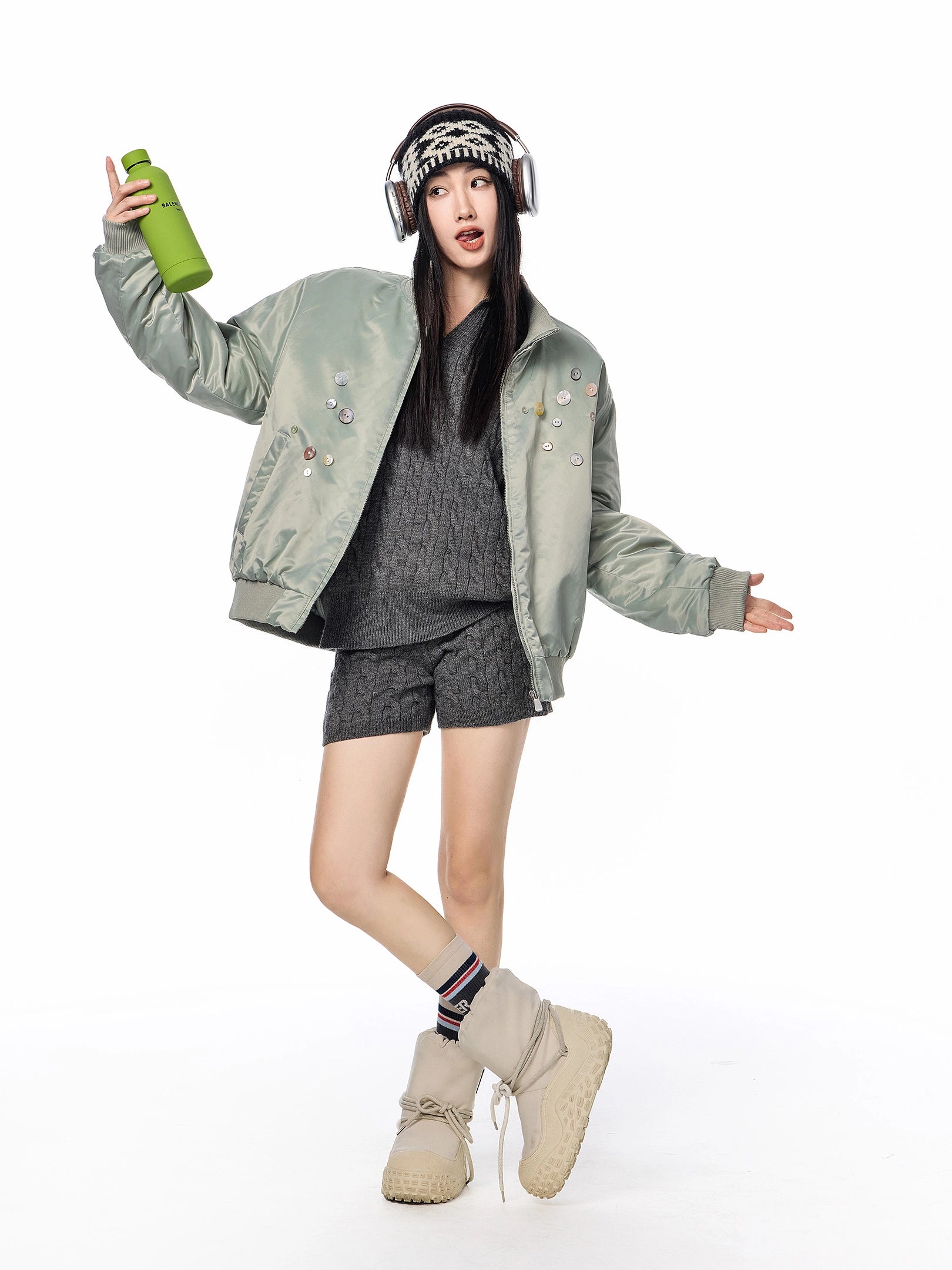 ICH MODE 美式复古彩扣薄棉服女2025新款秋冬季宽松立领棉衣外套