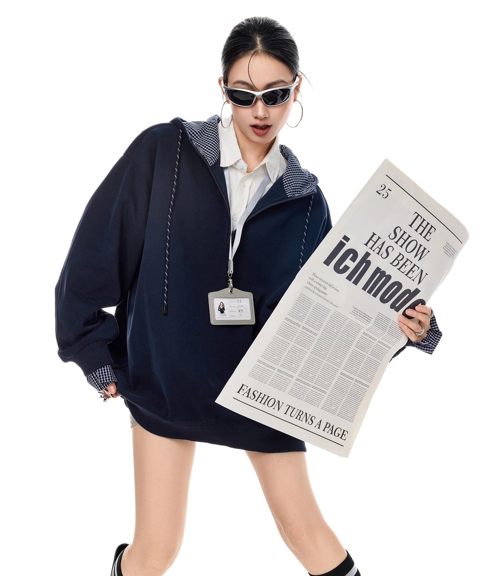 ICH MODE 美式复古格子拼接连帽卫衣女秋冬季半开领运动上衣外套