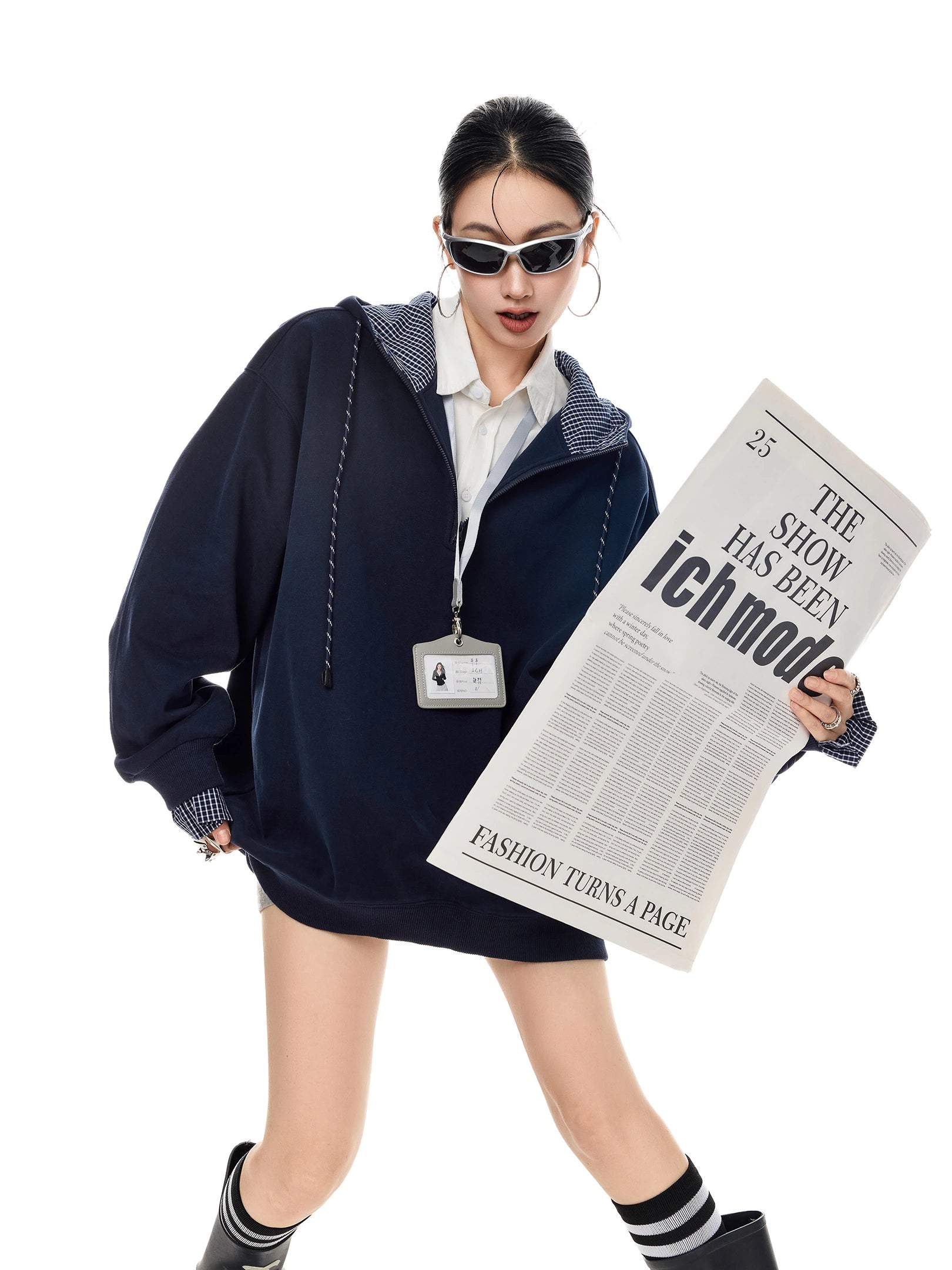 ICH MODE 美式复古格子拼接连帽卫衣女秋冬季半开领运动上衣外套