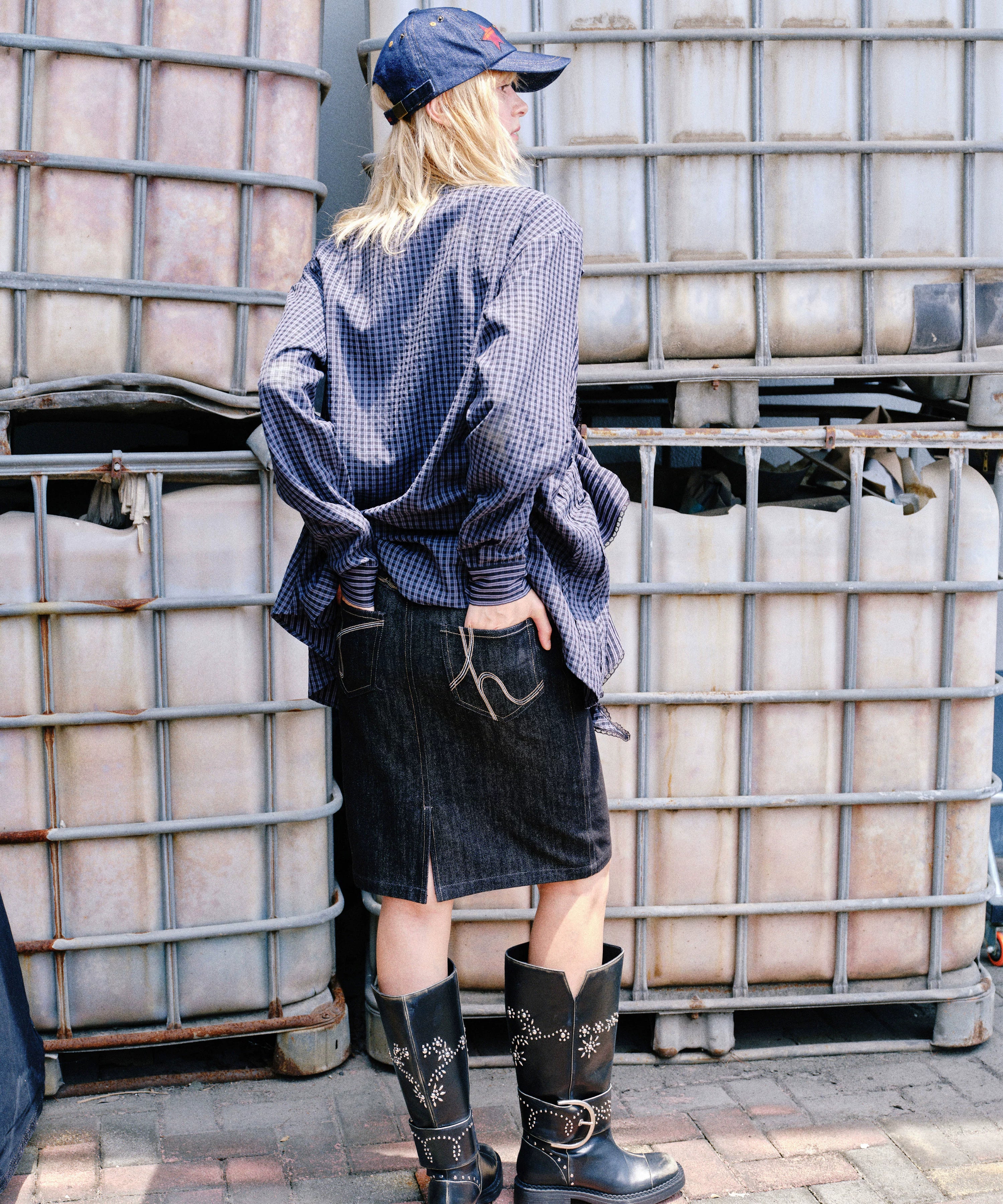 2th Desire 镂空绣花格纹不规则设计荷叶边宽松可收腰松弛感衬衫