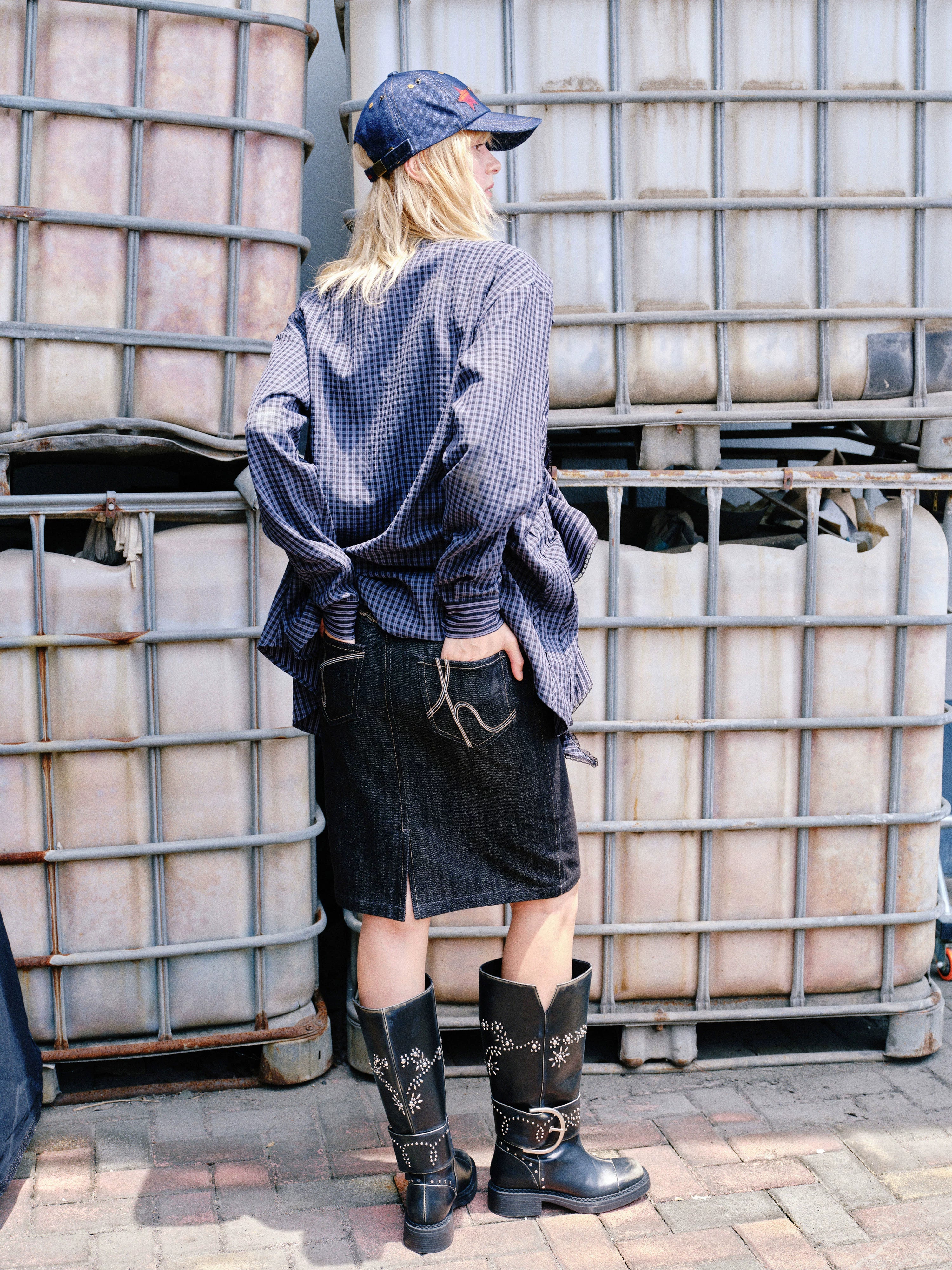 2th Desire 镂空绣花格纹不规则设计荷叶边宽松可收腰松弛感衬衫