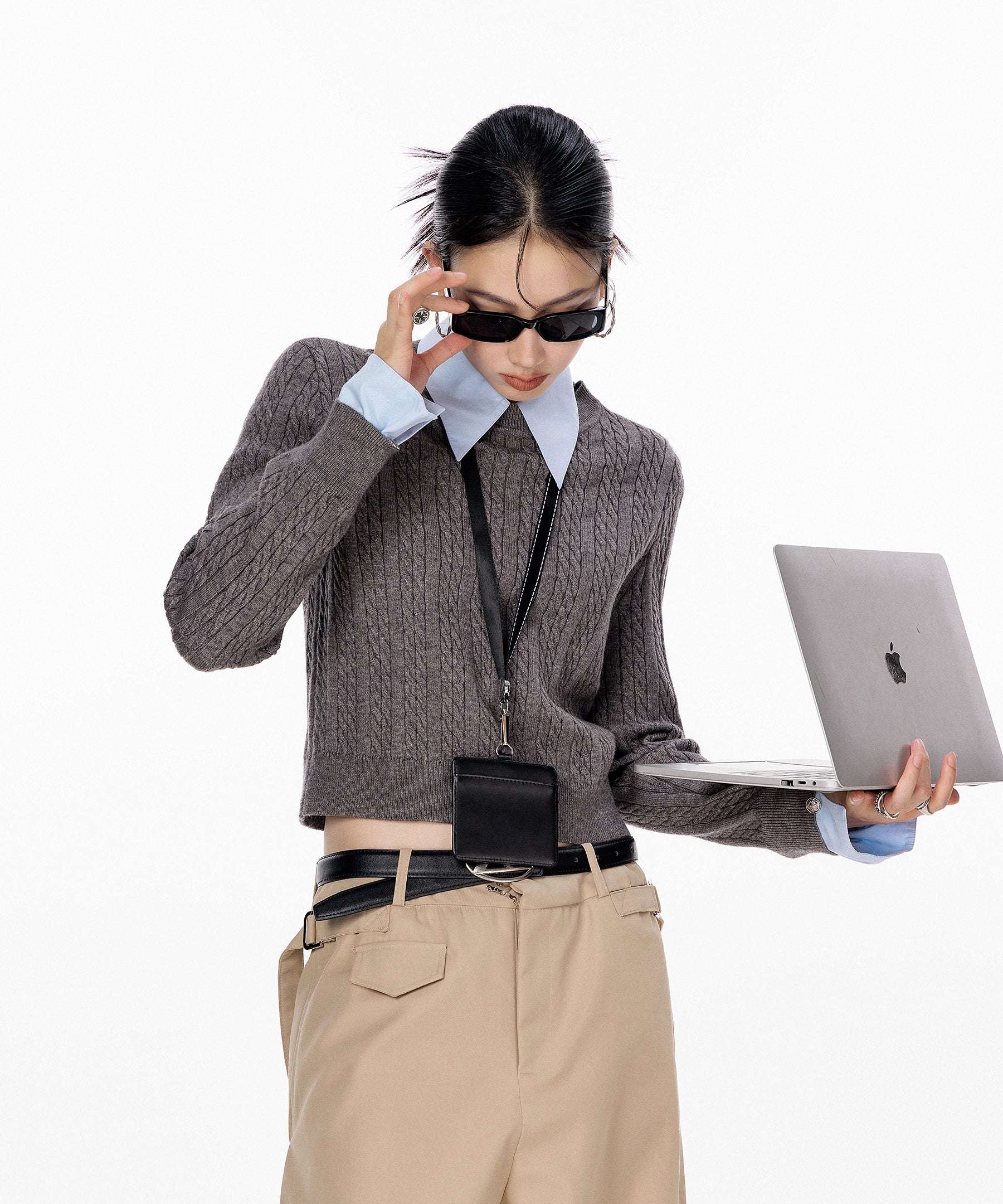 ICH MODE 美式复古假两件毛针织衫女2025秋冬新款衬衫领套头毛衣