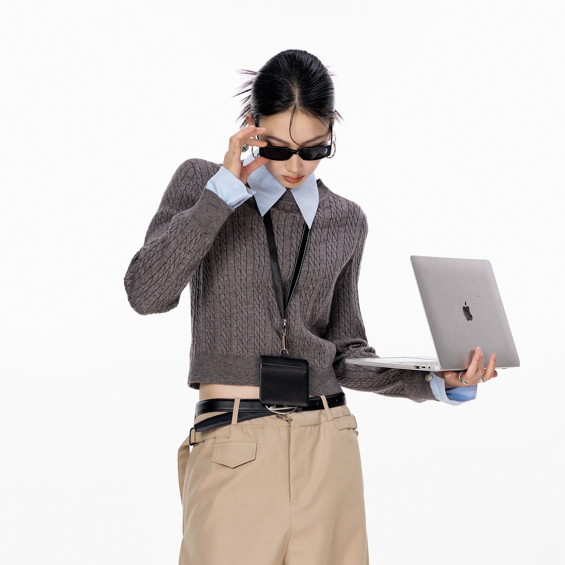 ICH MODE 美式复古假两件毛针织衫女2025秋冬新款衬衫领套头毛衣