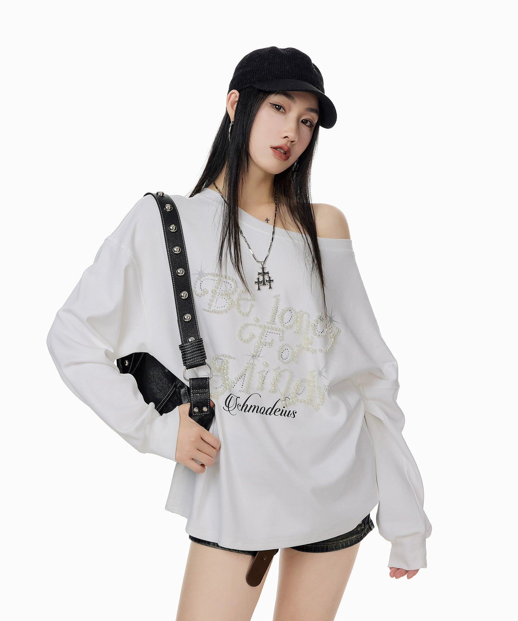 ICH MODE 美式复古珍珠斜肩T恤女2025新款秋冬宽松长袖露肩上衣t