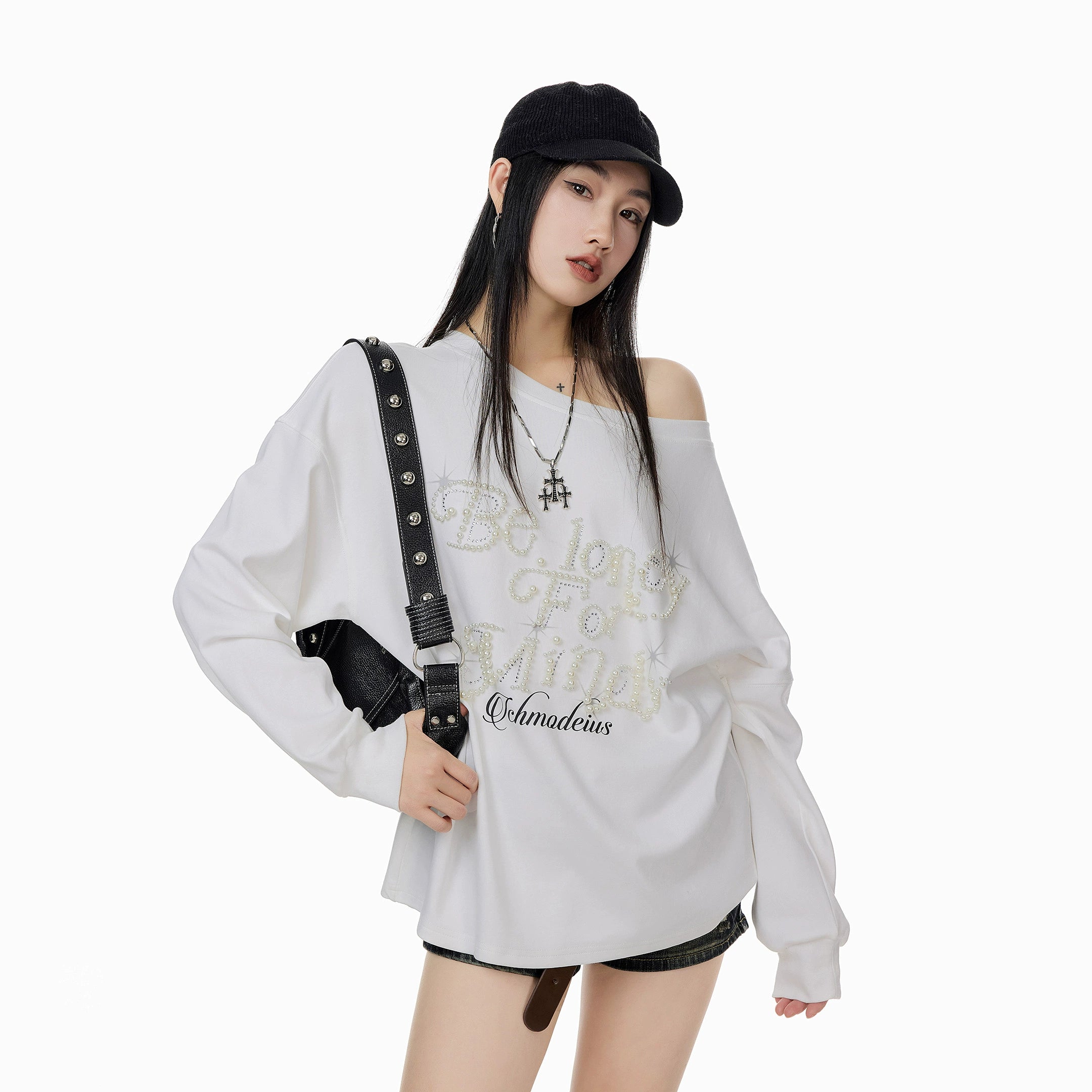 ICH MODE 美式复古珍珠斜肩T恤女2025新款秋冬宽松长袖露肩上衣t