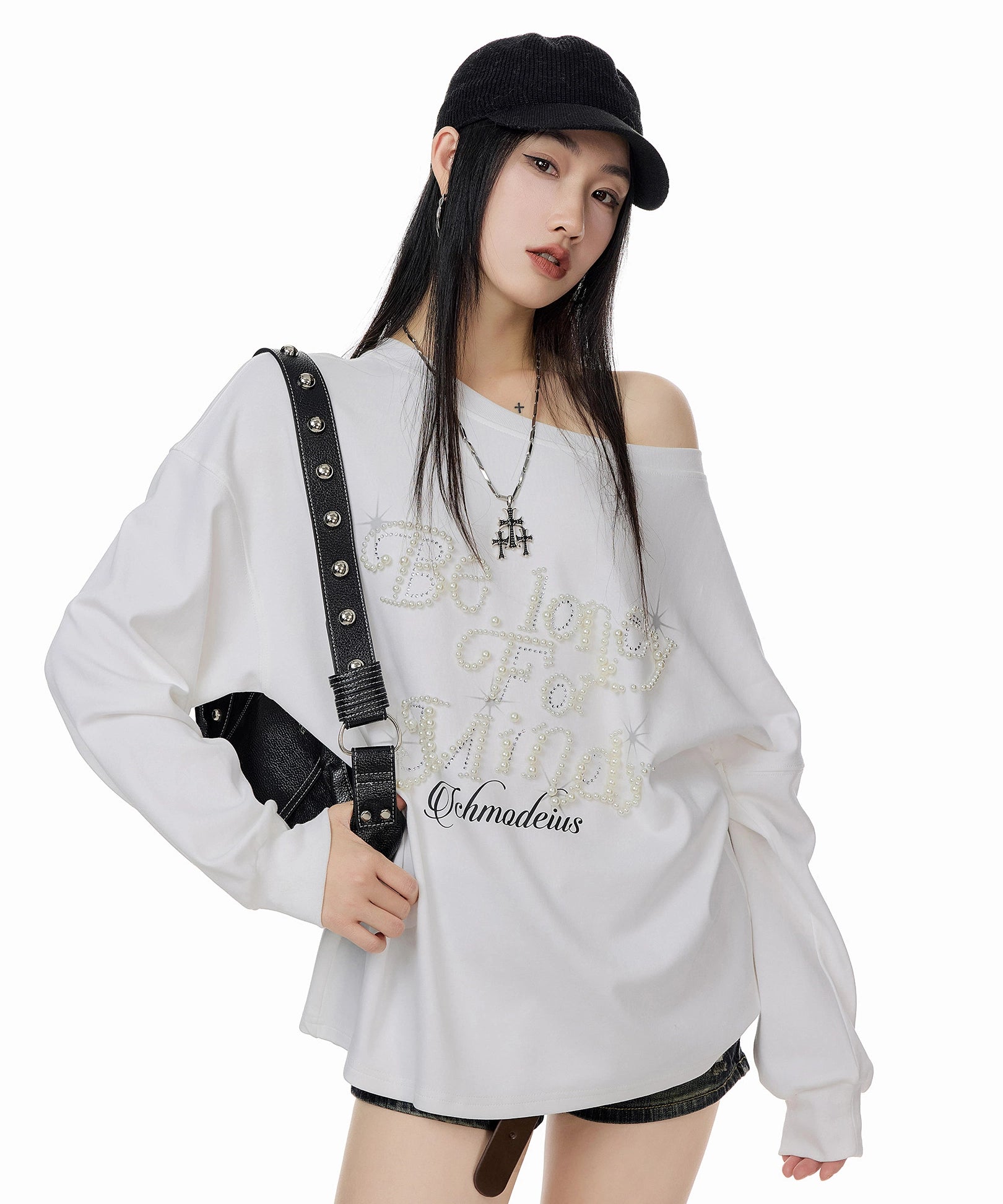 ICH MODE 美式复古珍珠斜肩T恤女2025新款秋冬宽松长袖露肩上衣t