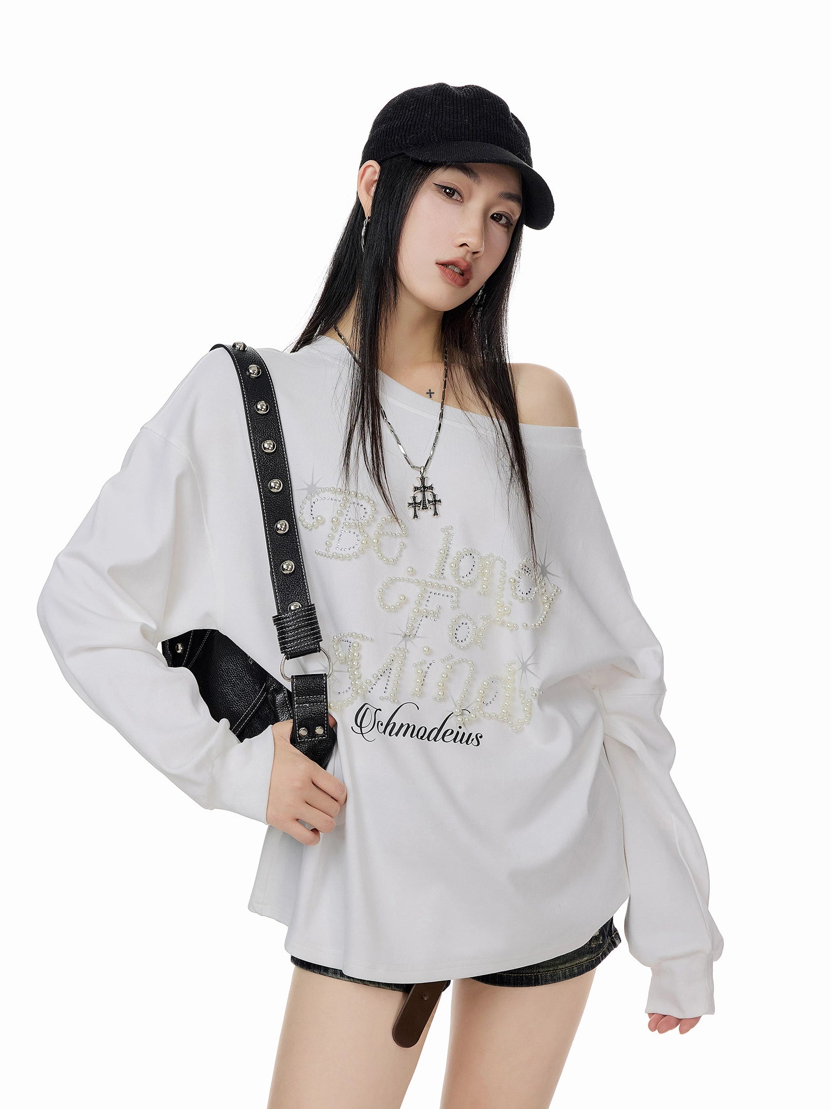 ICH MODE 美式复古珍珠斜肩T恤女2025新款秋冬宽松长袖露肩上衣t