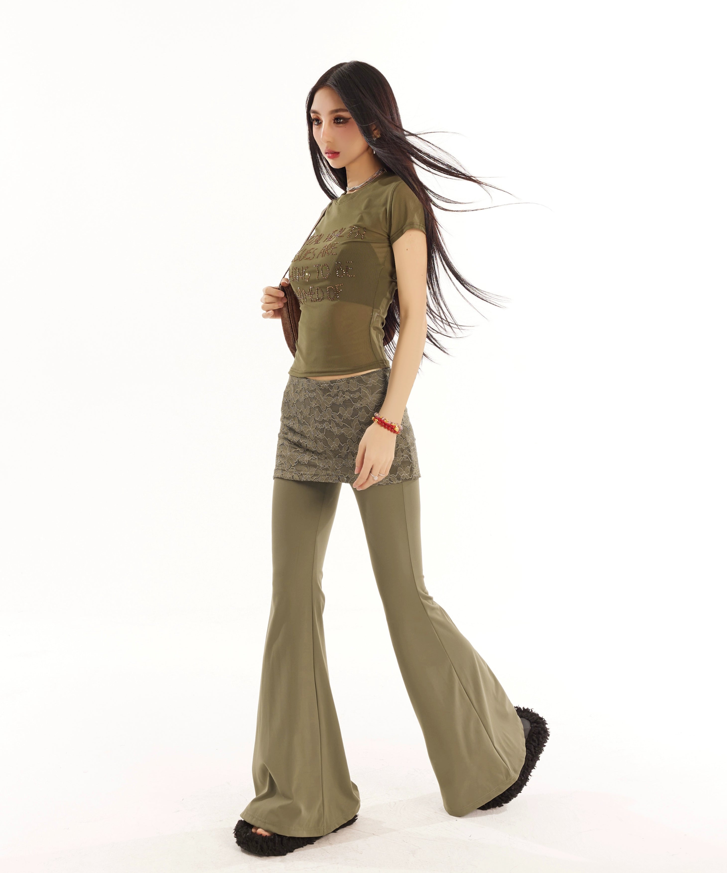 野生zero黑灰绿色喇叭裤女春夏季修身显瘦假两件蕾丝休闲瑜伽裤子