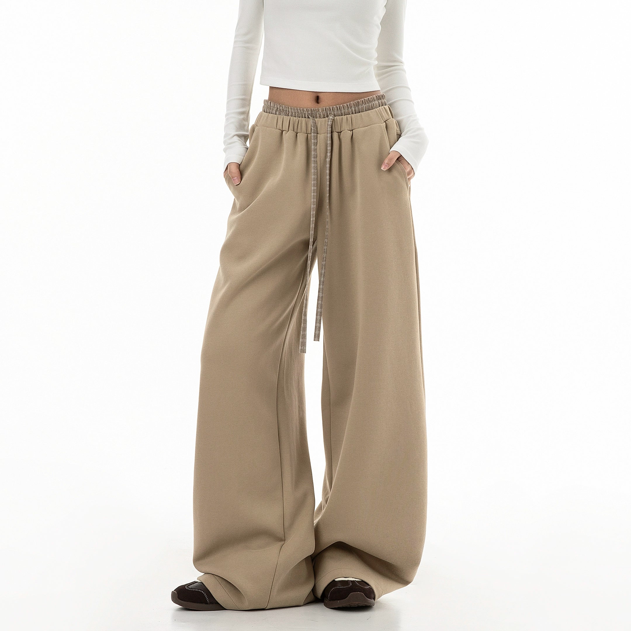 ICH MODE 美式复古格子拼接休闲裤女宽松直筒运动裤百搭阔腿卫裤