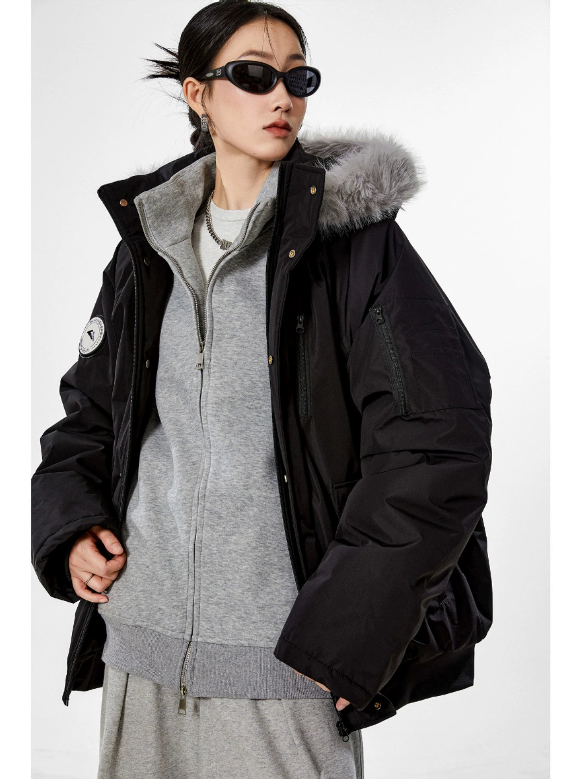 ICH MODE 美式复古派克服蓝色棉服女冬季工装外套棉衣棉袄新款