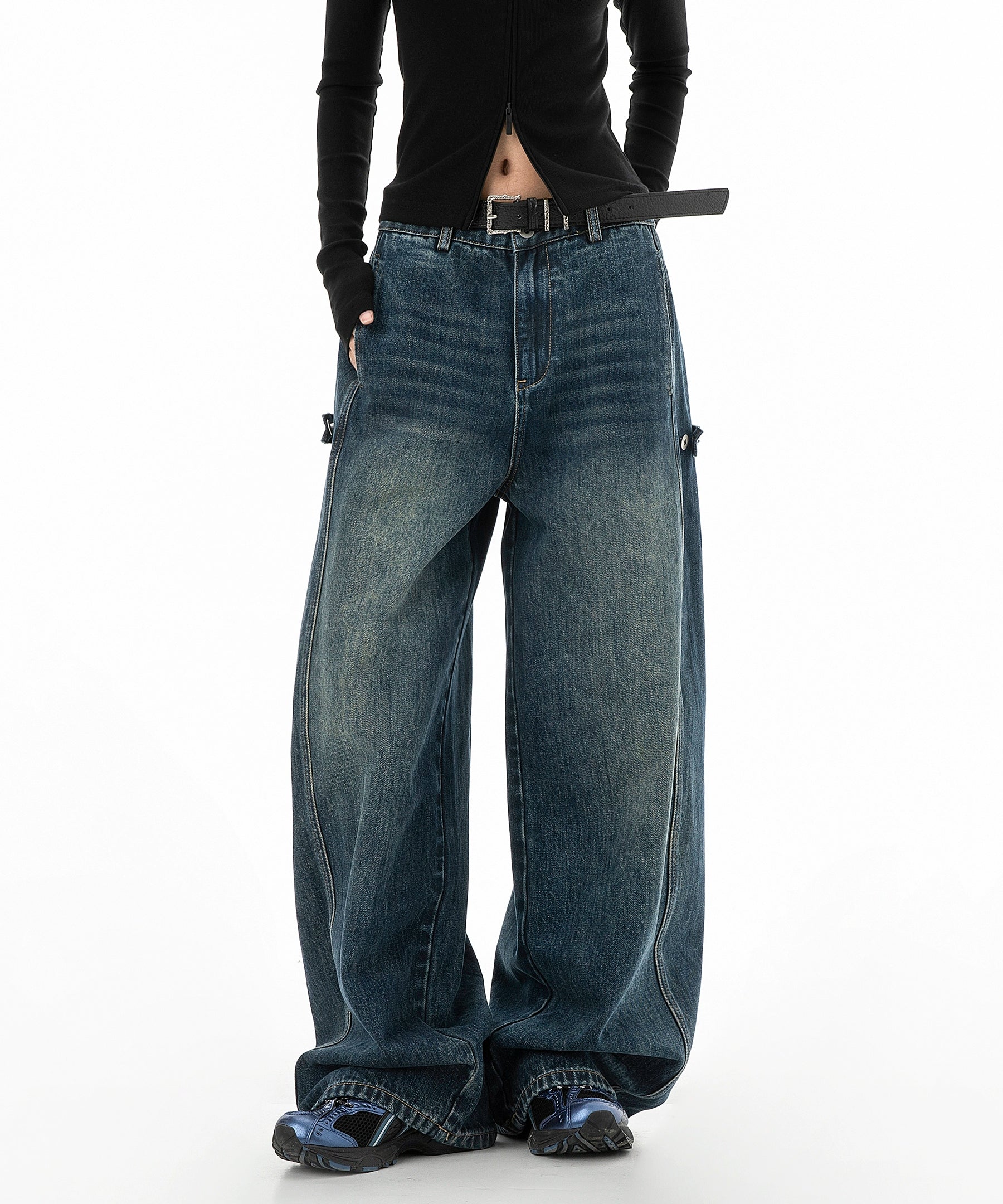 ICH MODE 美式复古水洗牛仔裤女秋冬新款宽松阔腿裤休闲裤直筒裤