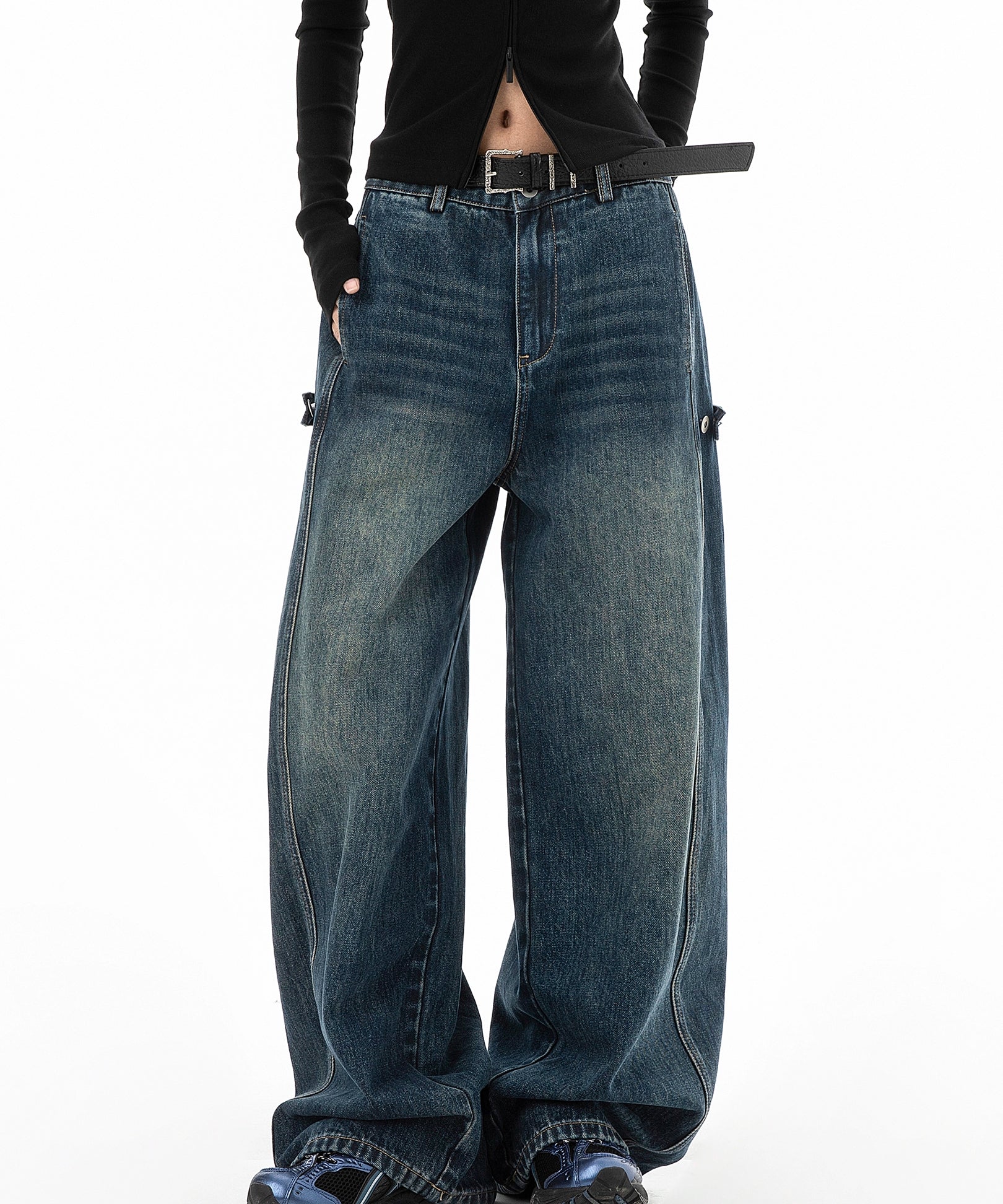 ICH MODE 美式复古水洗牛仔裤女秋冬新款宽松阔腿裤休闲裤直筒裤