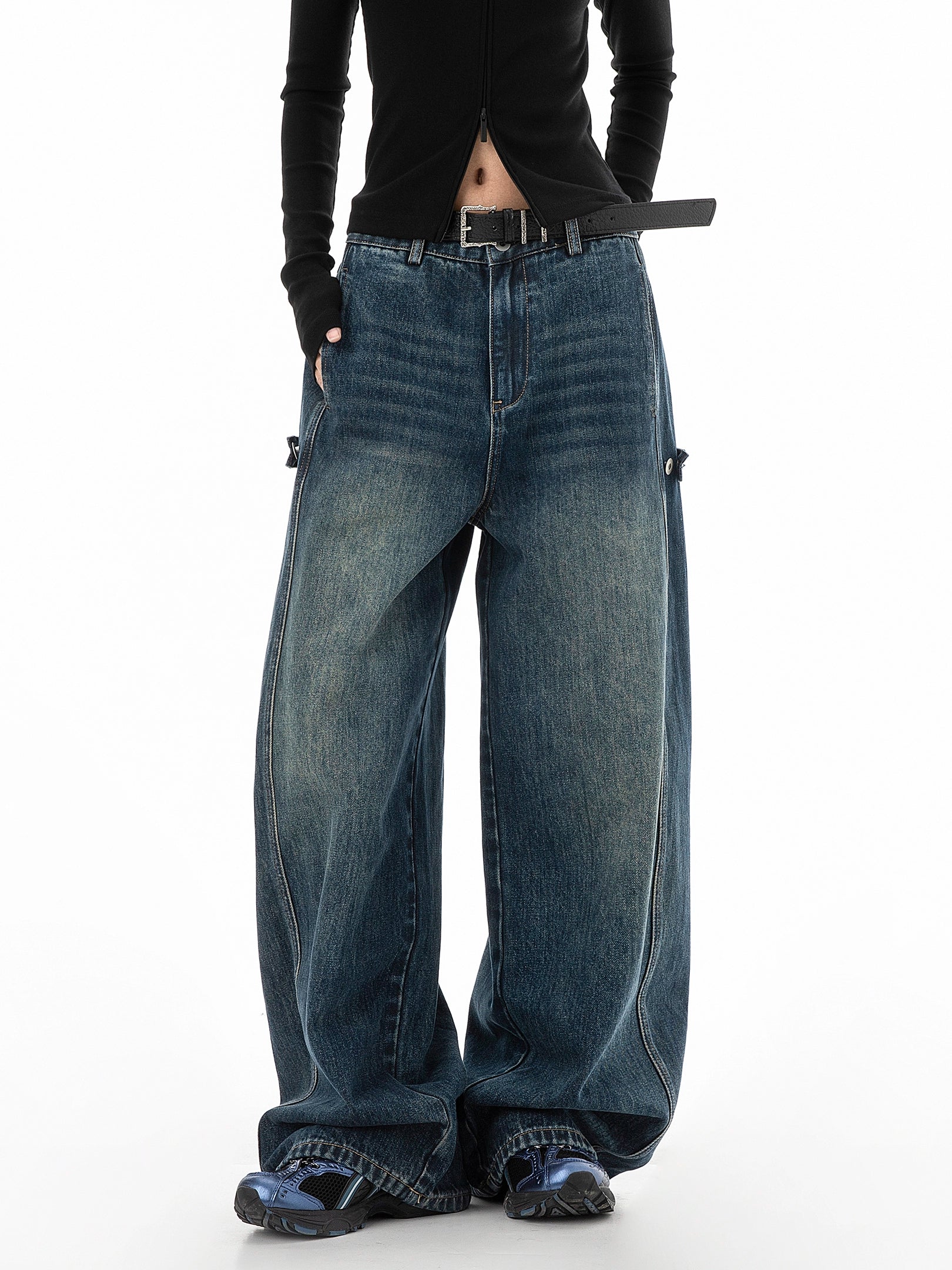 ICH MODE 美式复古水洗牛仔裤女秋冬新款宽松阔腿裤休闲裤直筒裤