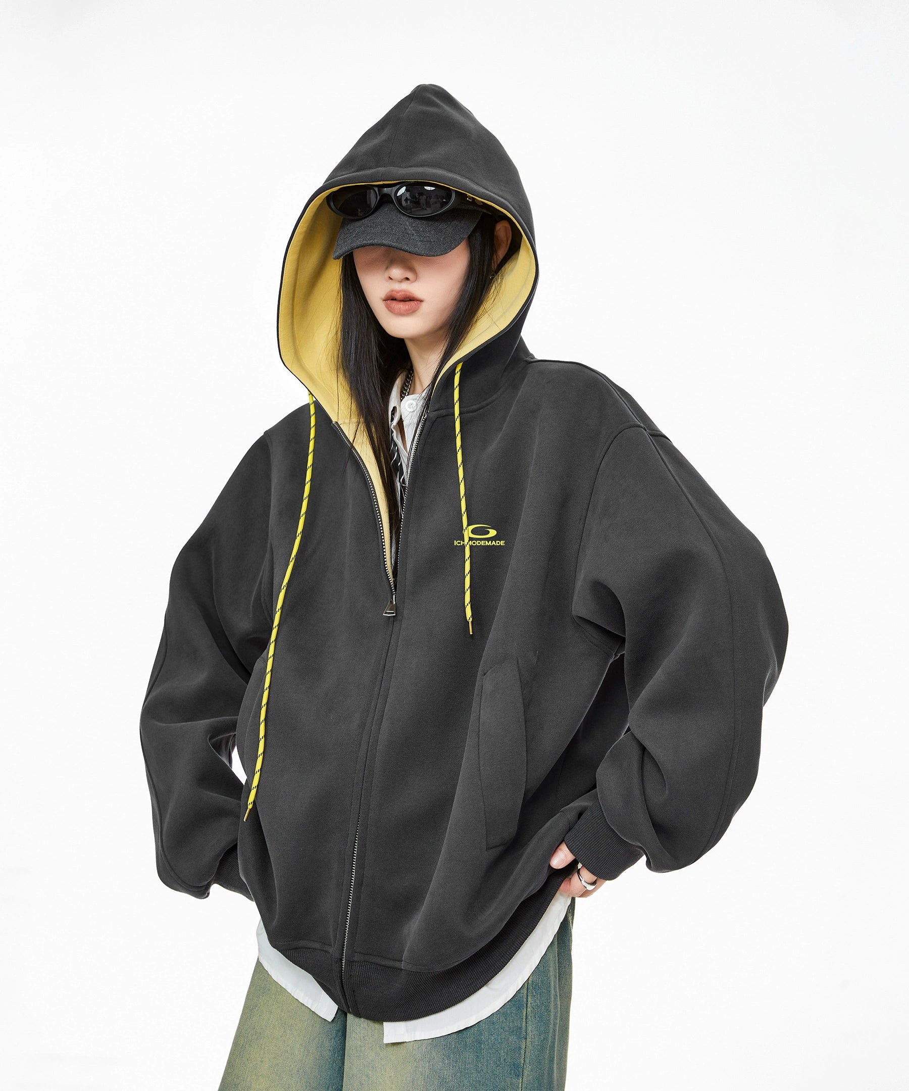 ICH MODE 美式复古拼色加绒连帽卫衣女秋冬开衫卫衣宽松休闲上衣