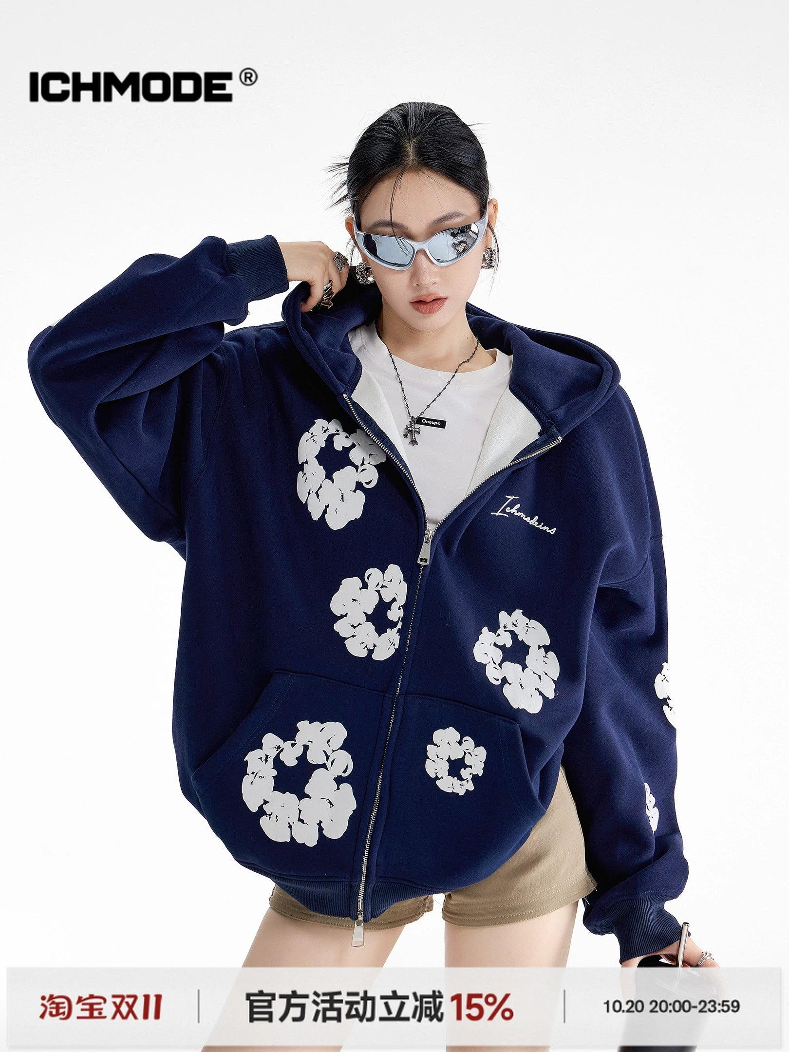 ICH MODE 美式复古木棉花连帽加绒卫衣外套女秋冬季宽松开衫上衣