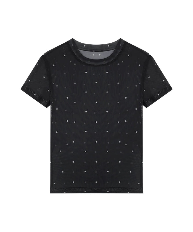 野生zero 波点薄款印花网纱上衣女夏季修身显瘦正肩白黑色短袖t恤