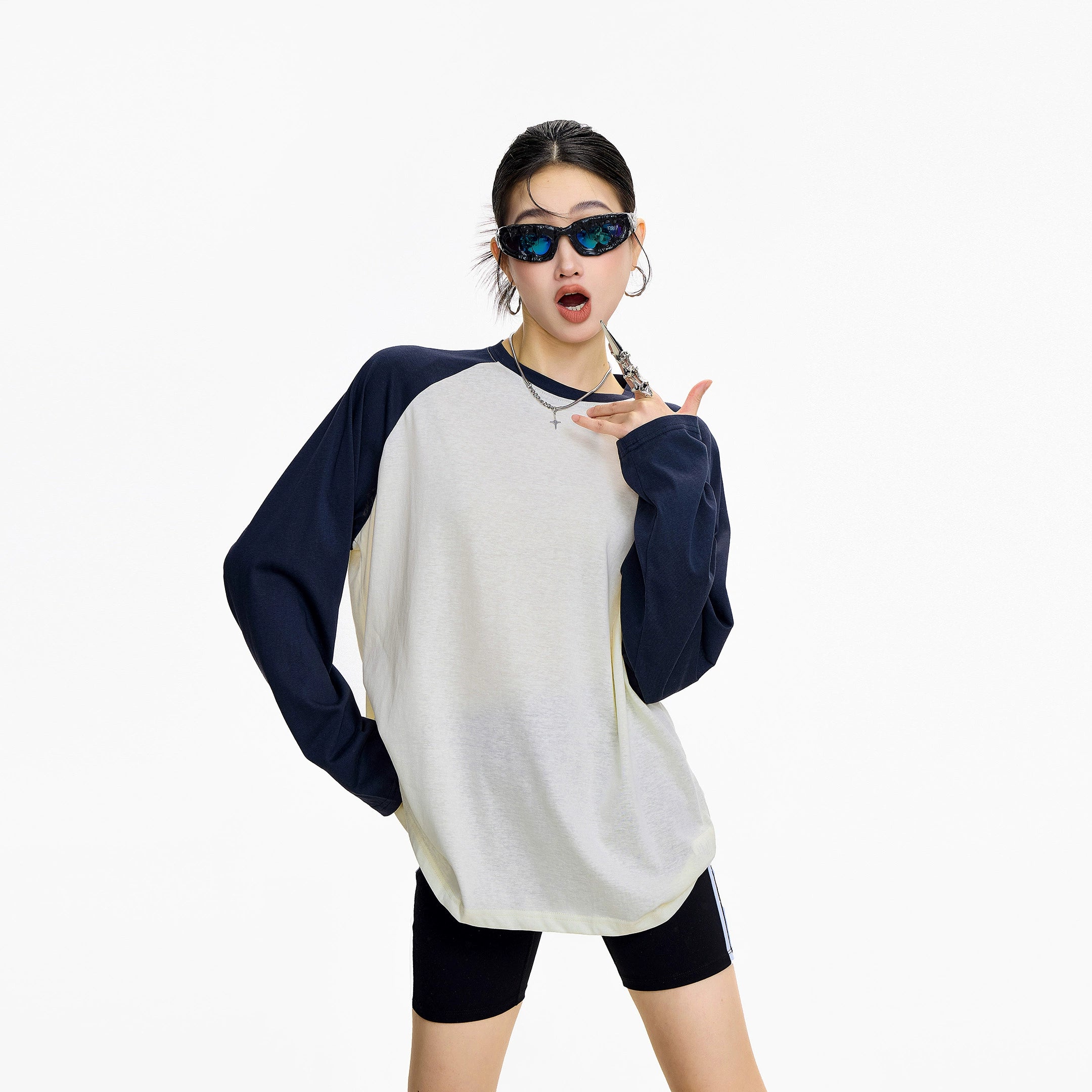 ICH MODE 美式复古插肩袖长袖T恤女夏季新款宽松拼接撞色圆领上衣