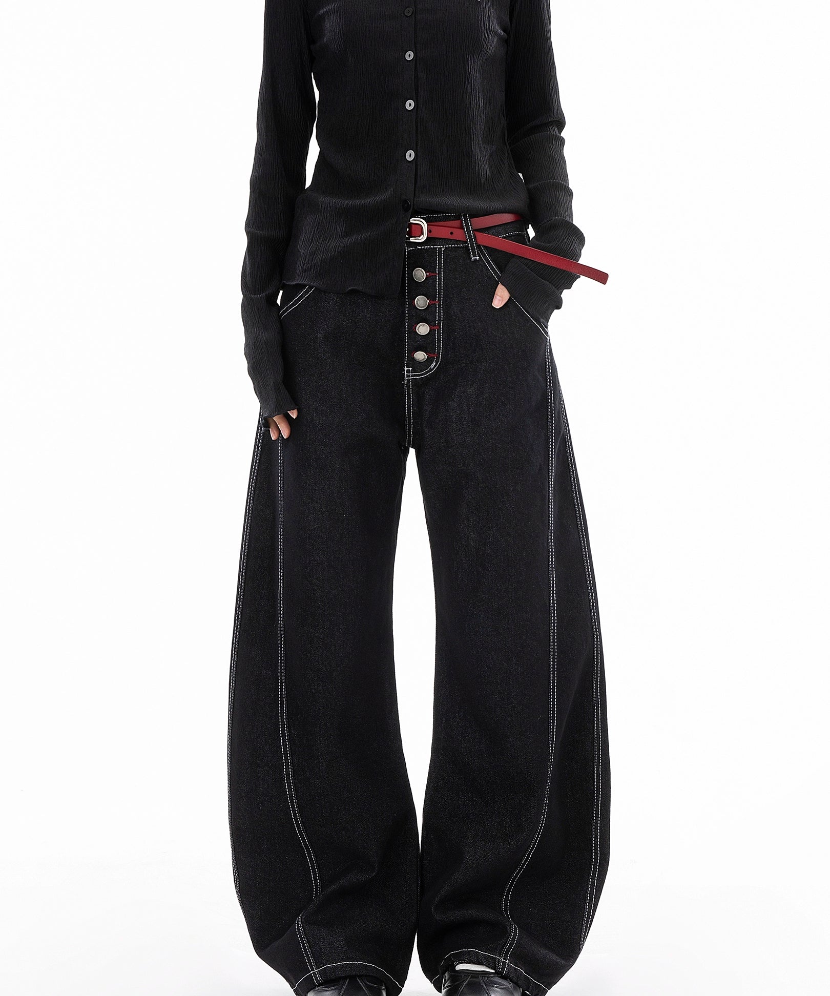 ICH MODE 美式复古宽松牛仔裤女秋冬廊形阔腿弯刀裤休闲直筒长裤