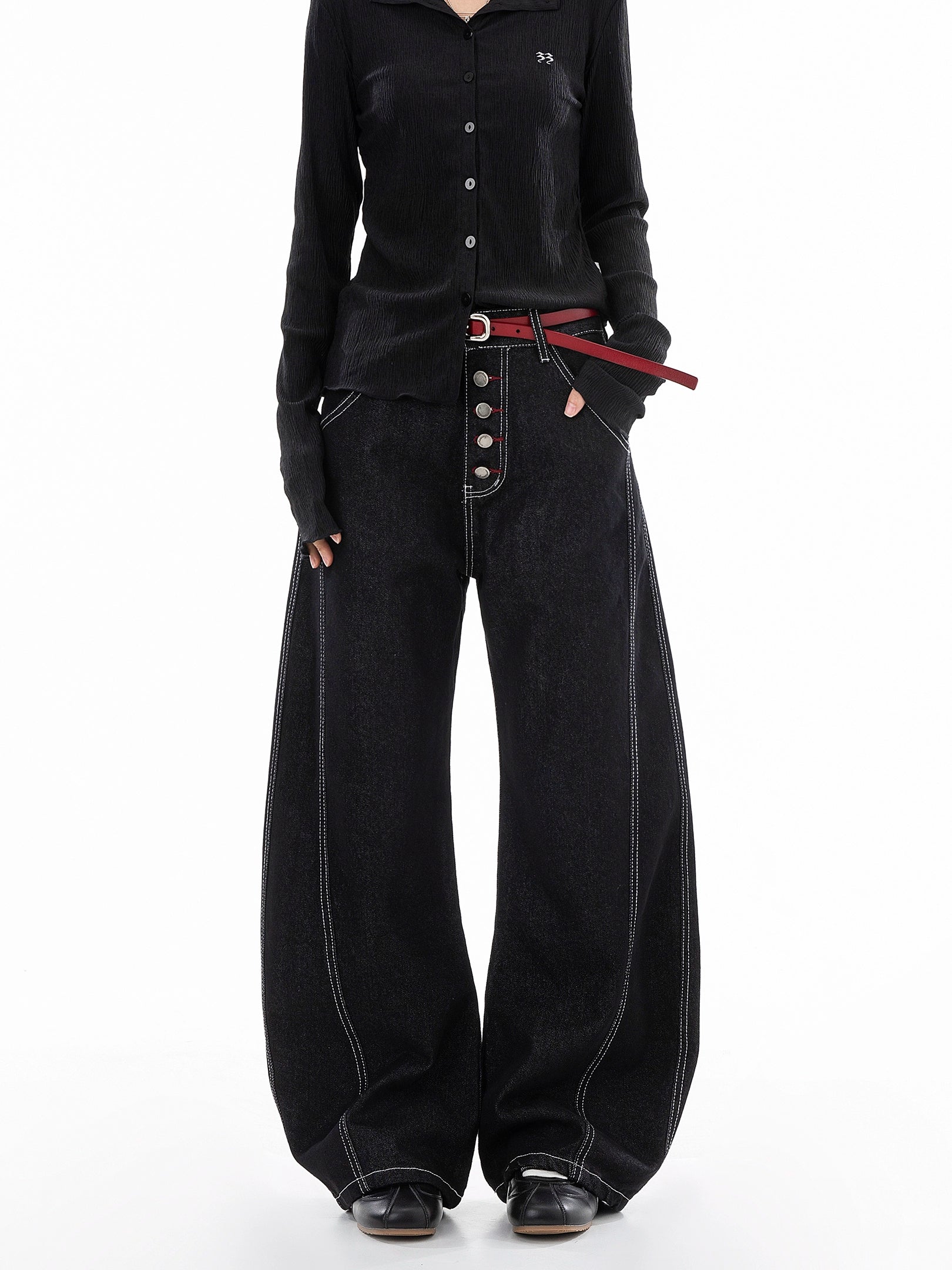 ICH MODE 美式复古宽松牛仔裤女秋冬廊形阔腿弯刀裤休闲直筒长裤