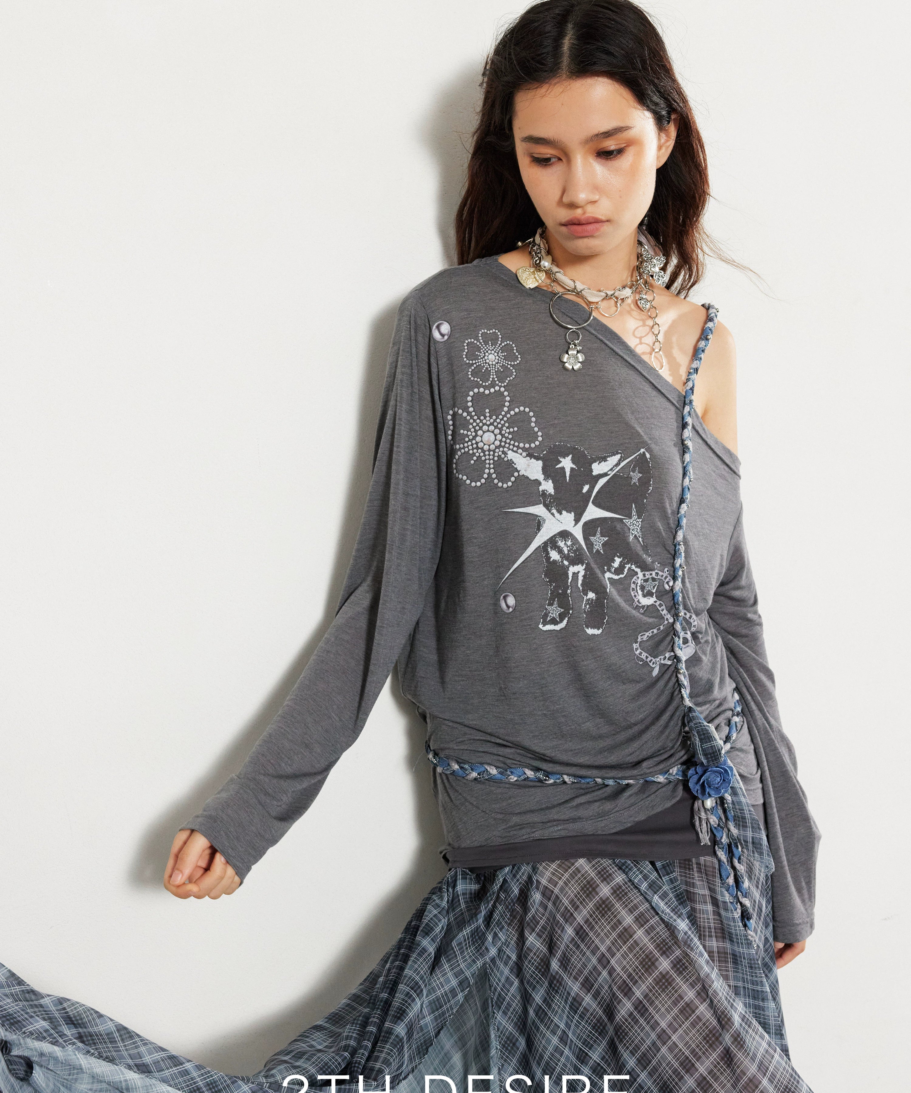 2th Desire重工银环拼接朋克金属十字架花朵腰链项链