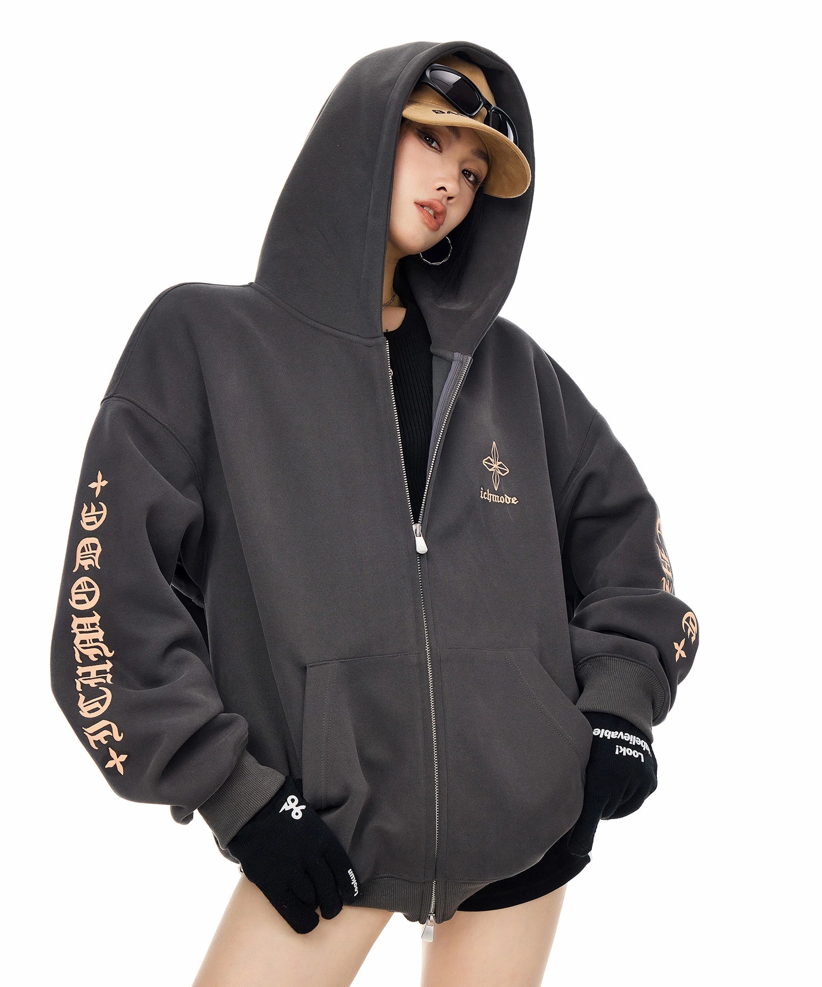 ICH MODE 美式复古哥特十字连帽卫衣外套女秋冬季双拉链开衫上衣