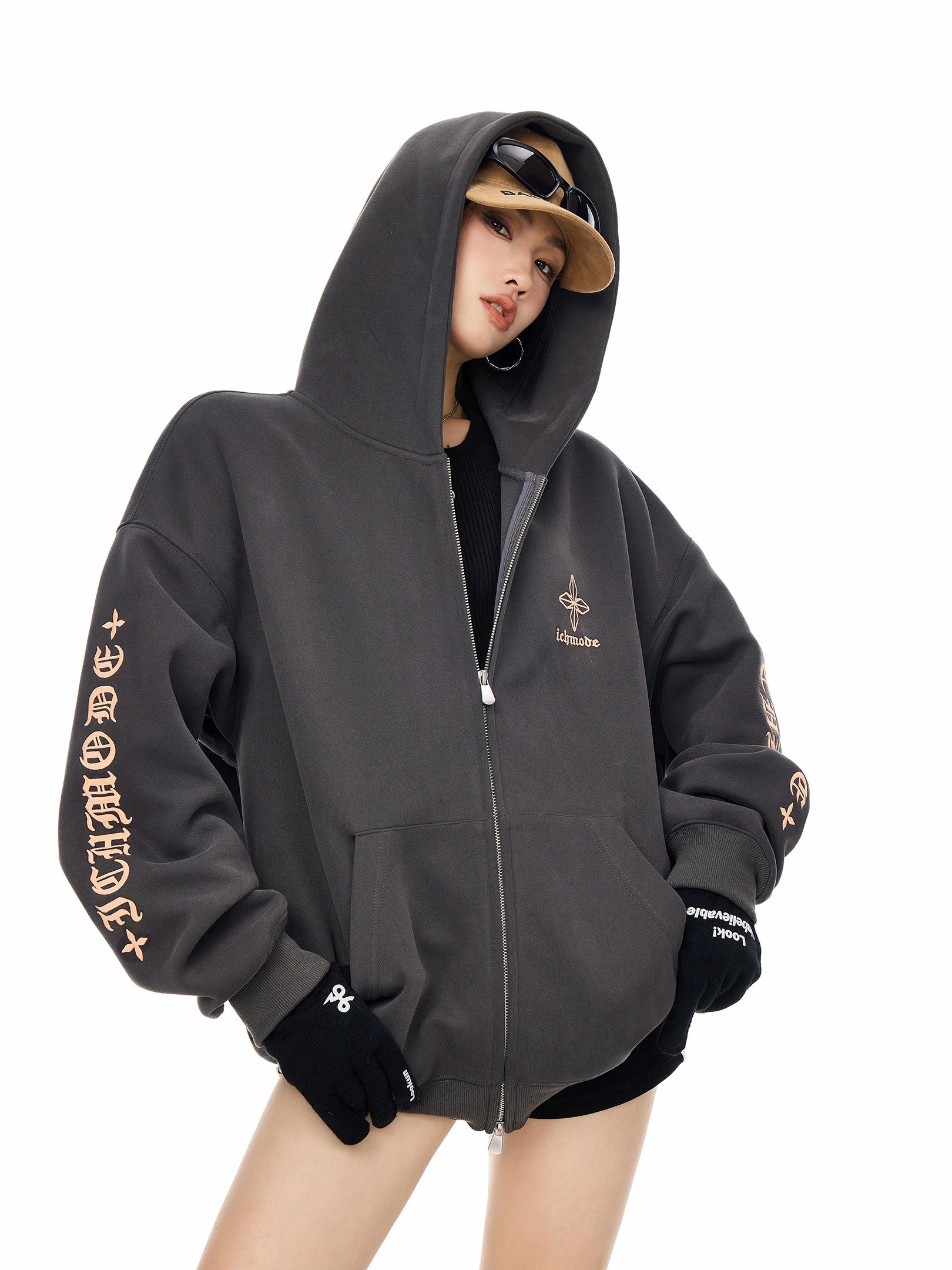 ICH MODE 美式复古哥特十字连帽卫衣外套女秋冬季双拉链开衫上衣