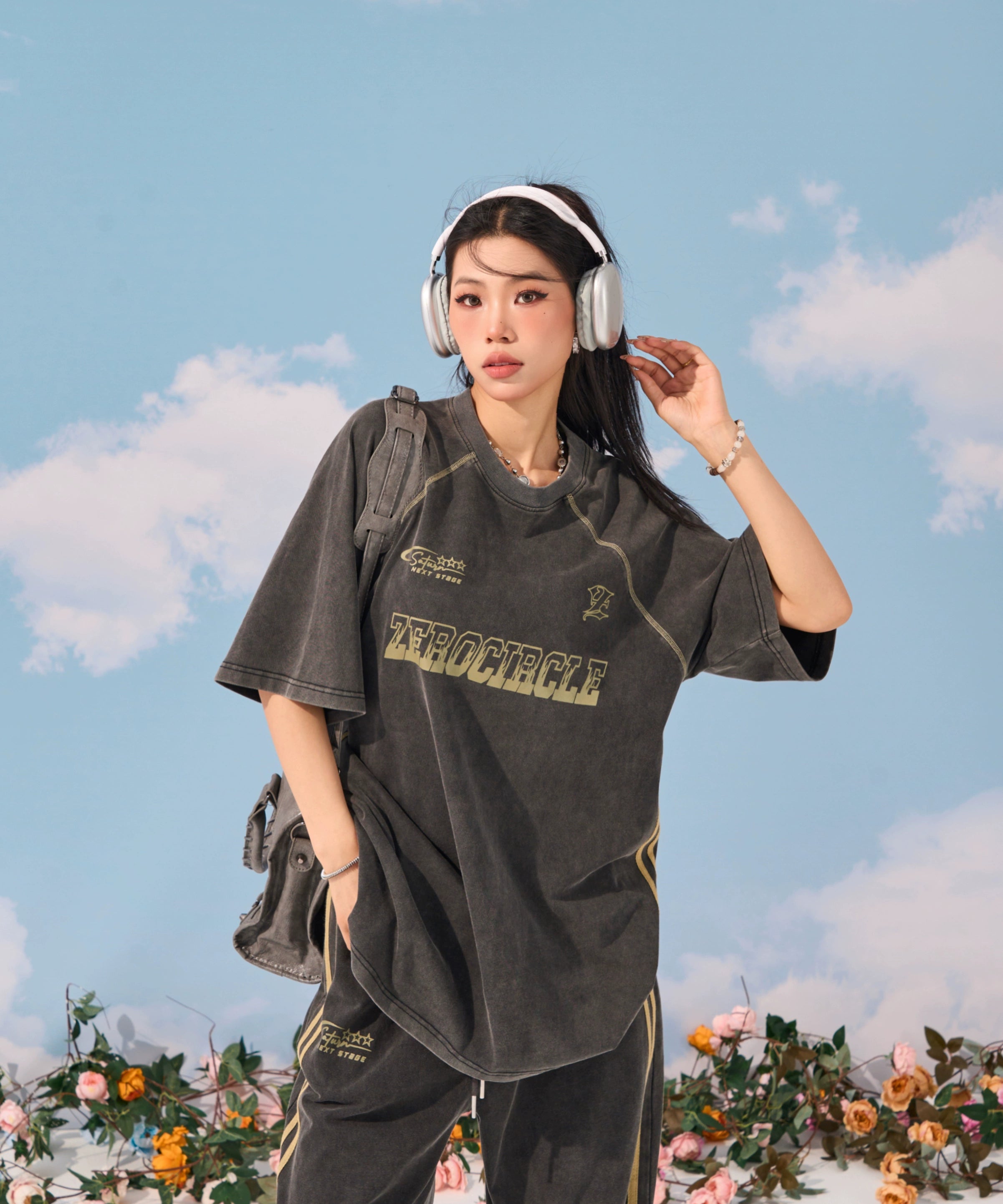 野生zerocircle 休闲套装女夏深灰色水洗宽松印花短袖t恤直筒裤子