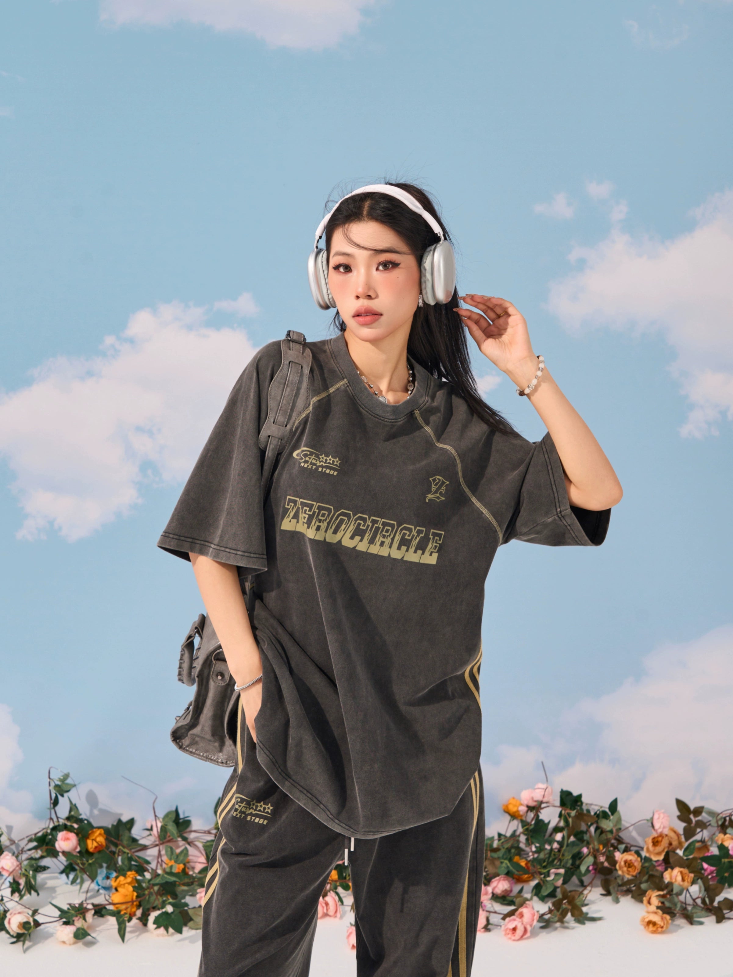 野生zerocircle 休闲套装女夏深灰色水洗宽松印花短袖t恤直筒裤子