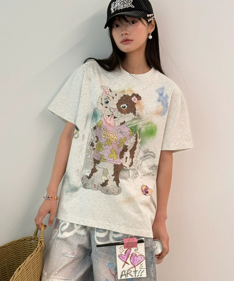 “陨石小狗”| eeee红陨石边牧涂鸦短袖宽松小众设计感手绘T恤夏