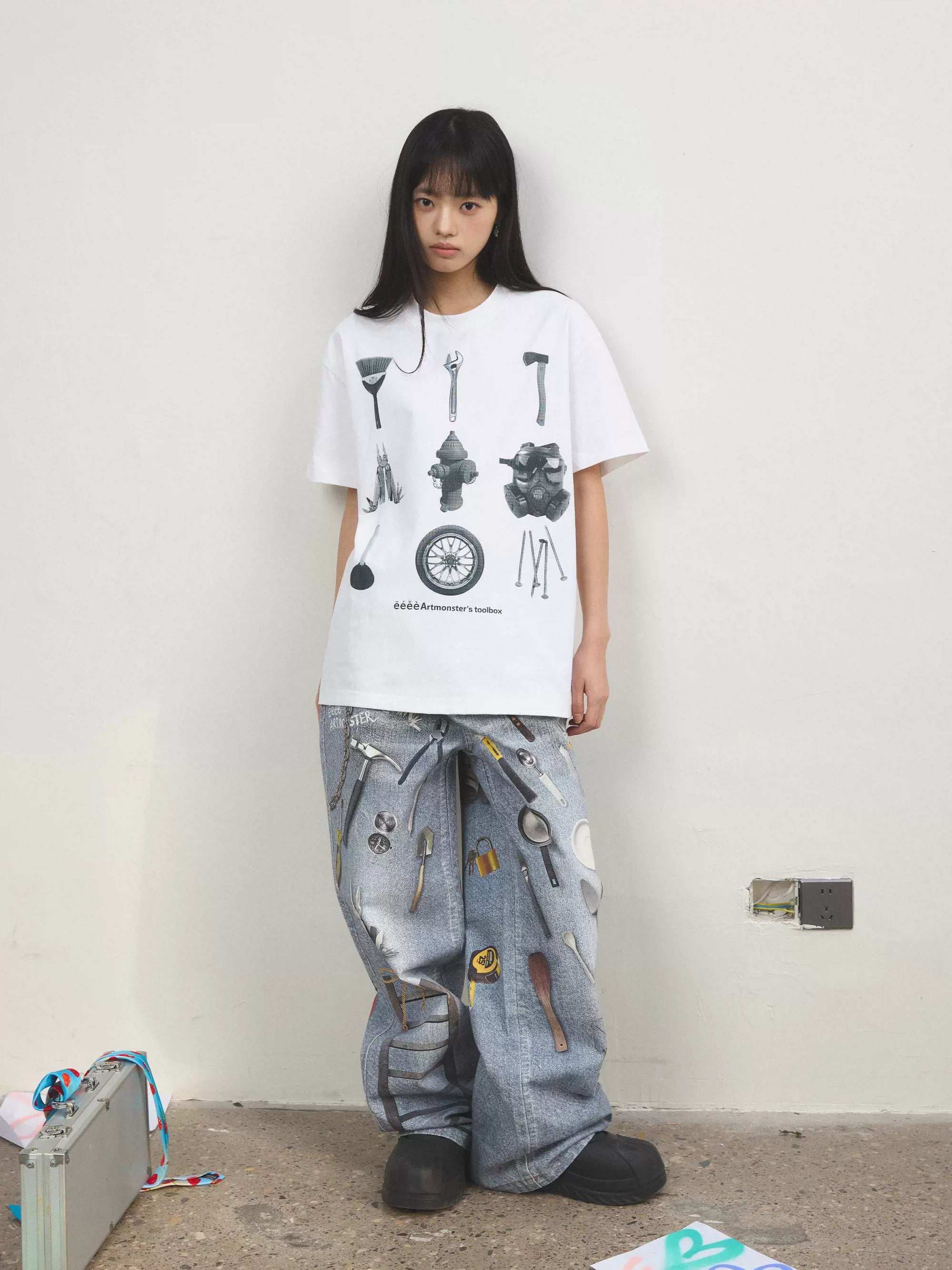 “百宝箱”| eeee复古五金工具箱印花短袖黑白艺术创意T恤宽松夏