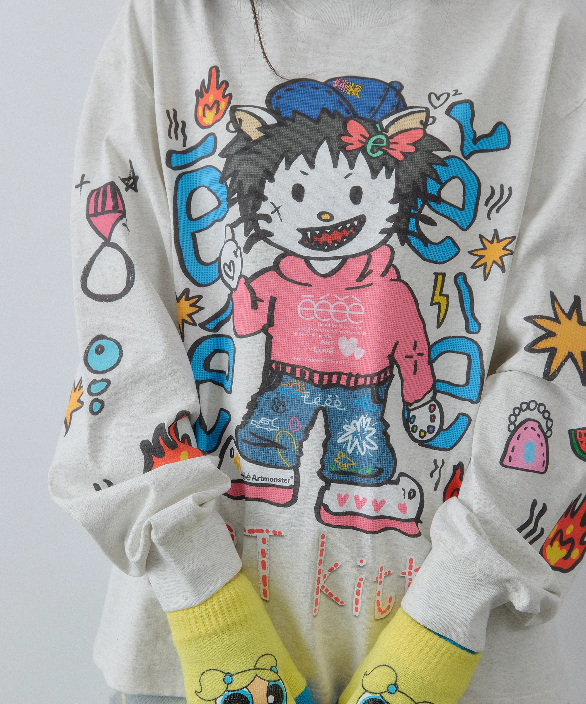“艺术凯蒂”| eeee恶搞插画手绘涂鸦长袖T恤宽松潮流卫衣打底衫