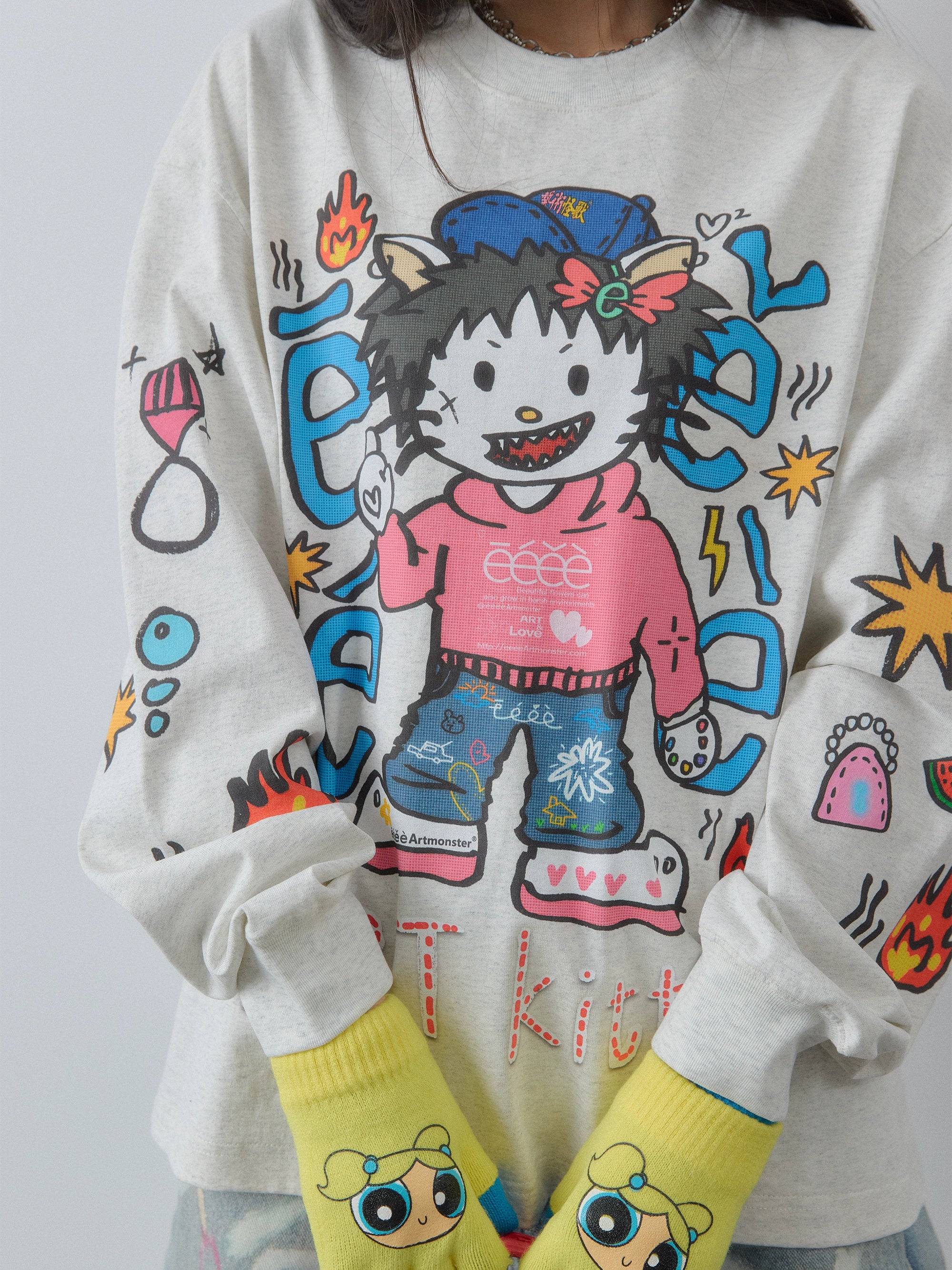 “艺术凯蒂”| eeee恶搞插画手绘涂鸦长袖T恤宽松潮流卫衣打底衫