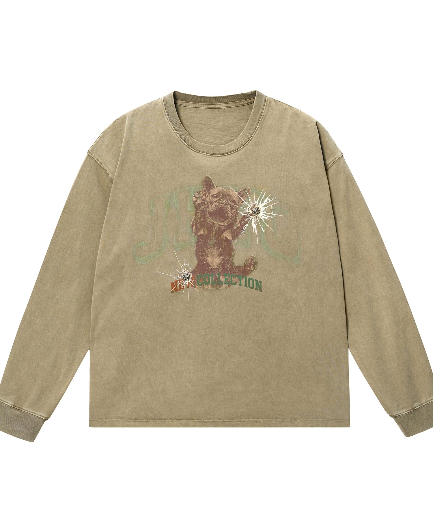 法斗犬丨JHYQ美式复古秋季水洗重磅320G长袖T恤男情侣印花卫衣衫