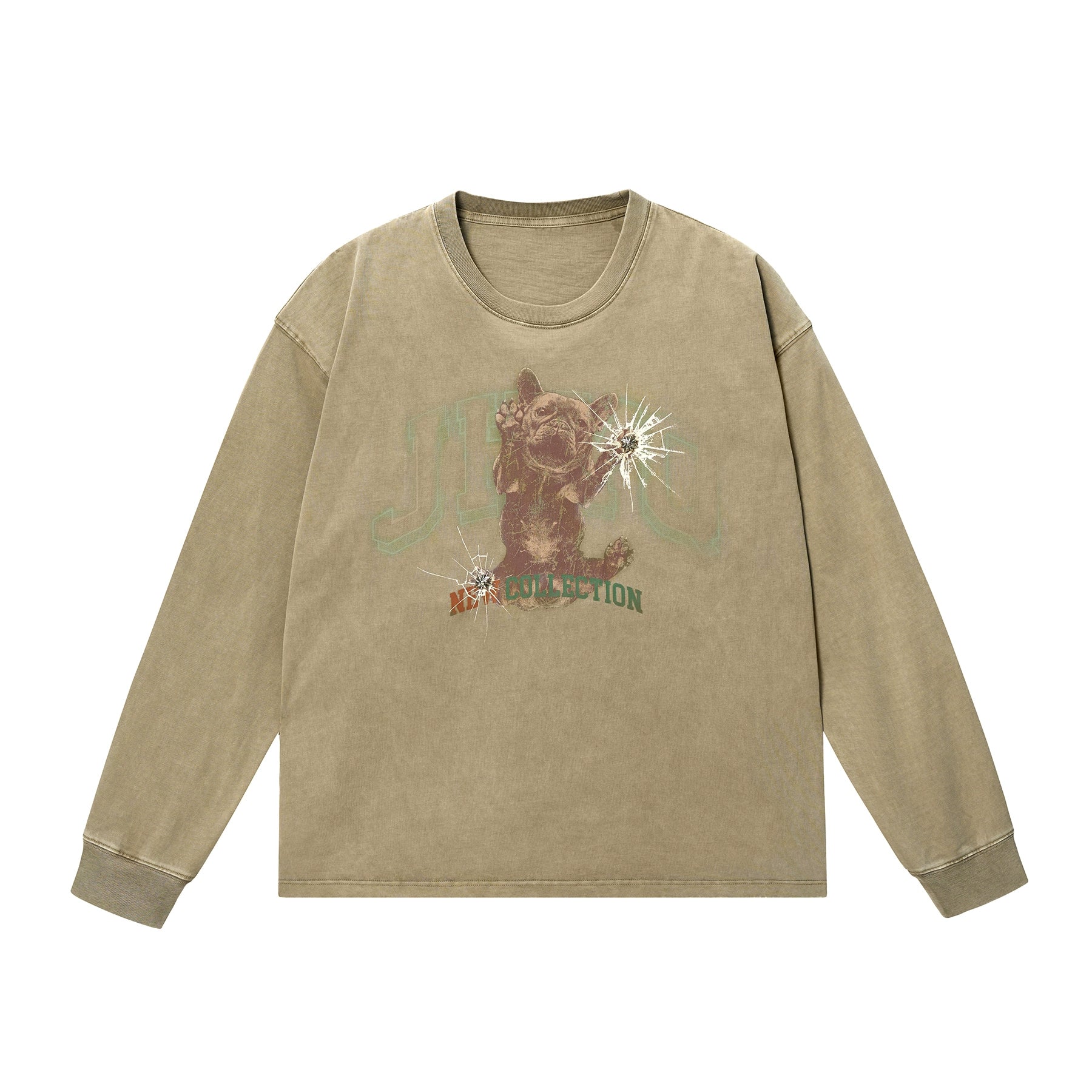 法斗犬丨JHYQ美式复古秋季水洗重磅320G长袖T恤男情侣印花卫衣衫