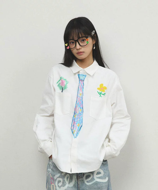 “追梦”| eeee创意设计感蜡笔手绘领带衬衫趣味学院风涂鸦衬衣春