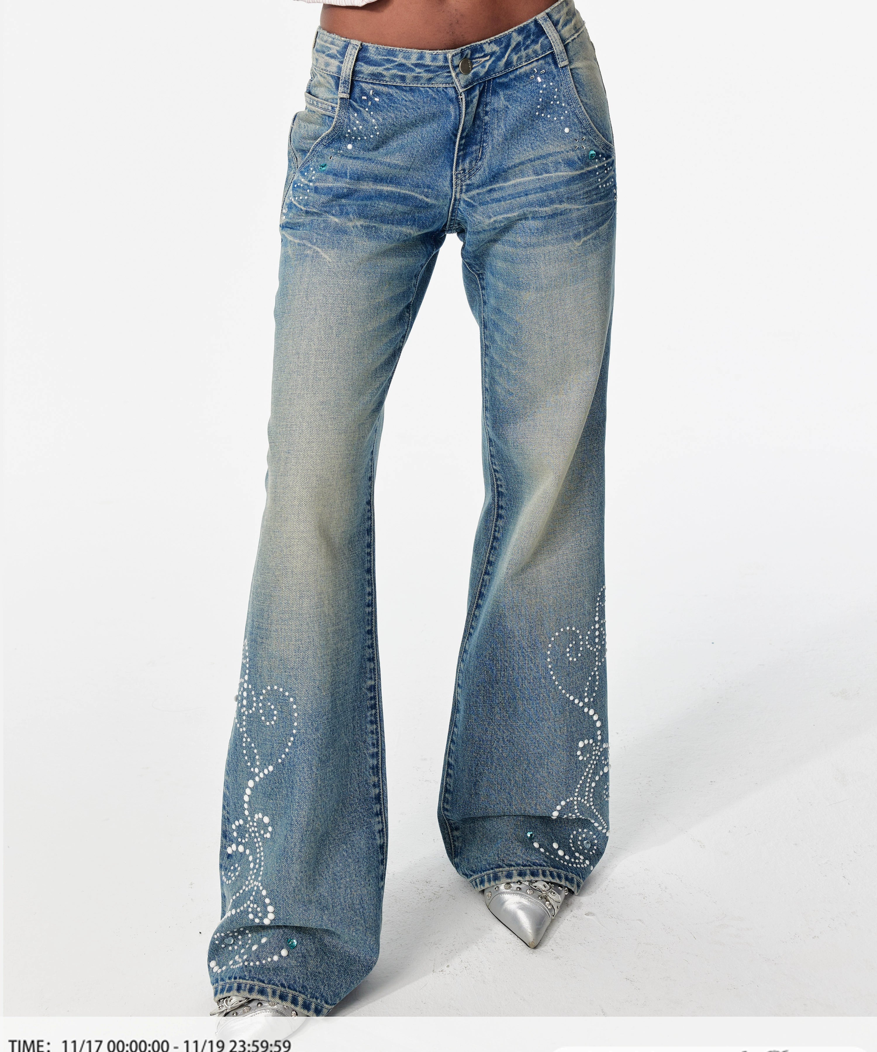 2th Desire美式复古重酵洗星落爱心烫钻低腰微喇浅色直筒牛仔裤女