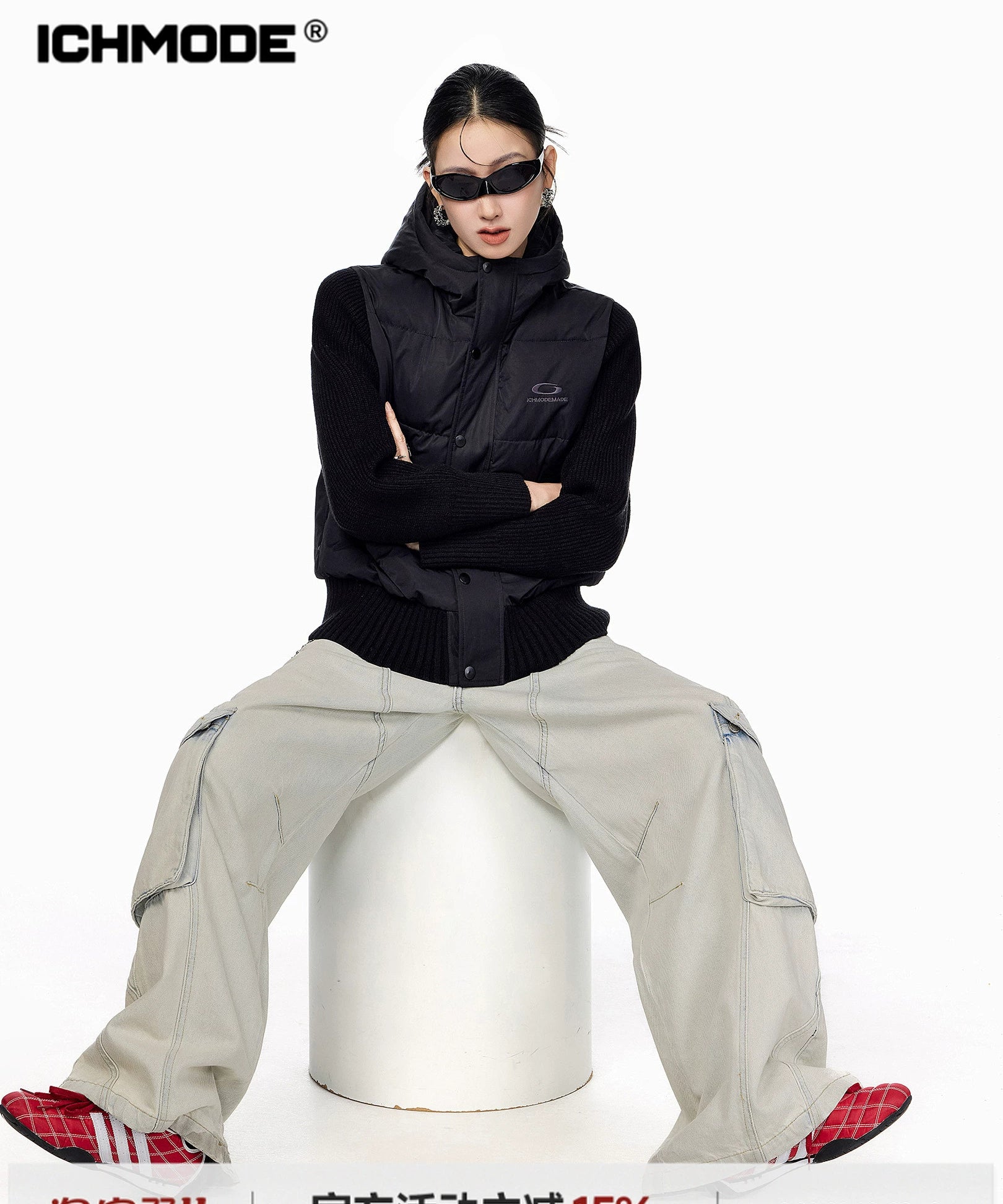 ICH MODE 美式复古假两件短款棉服外套女秋冬季修身连帽棉衣上衣