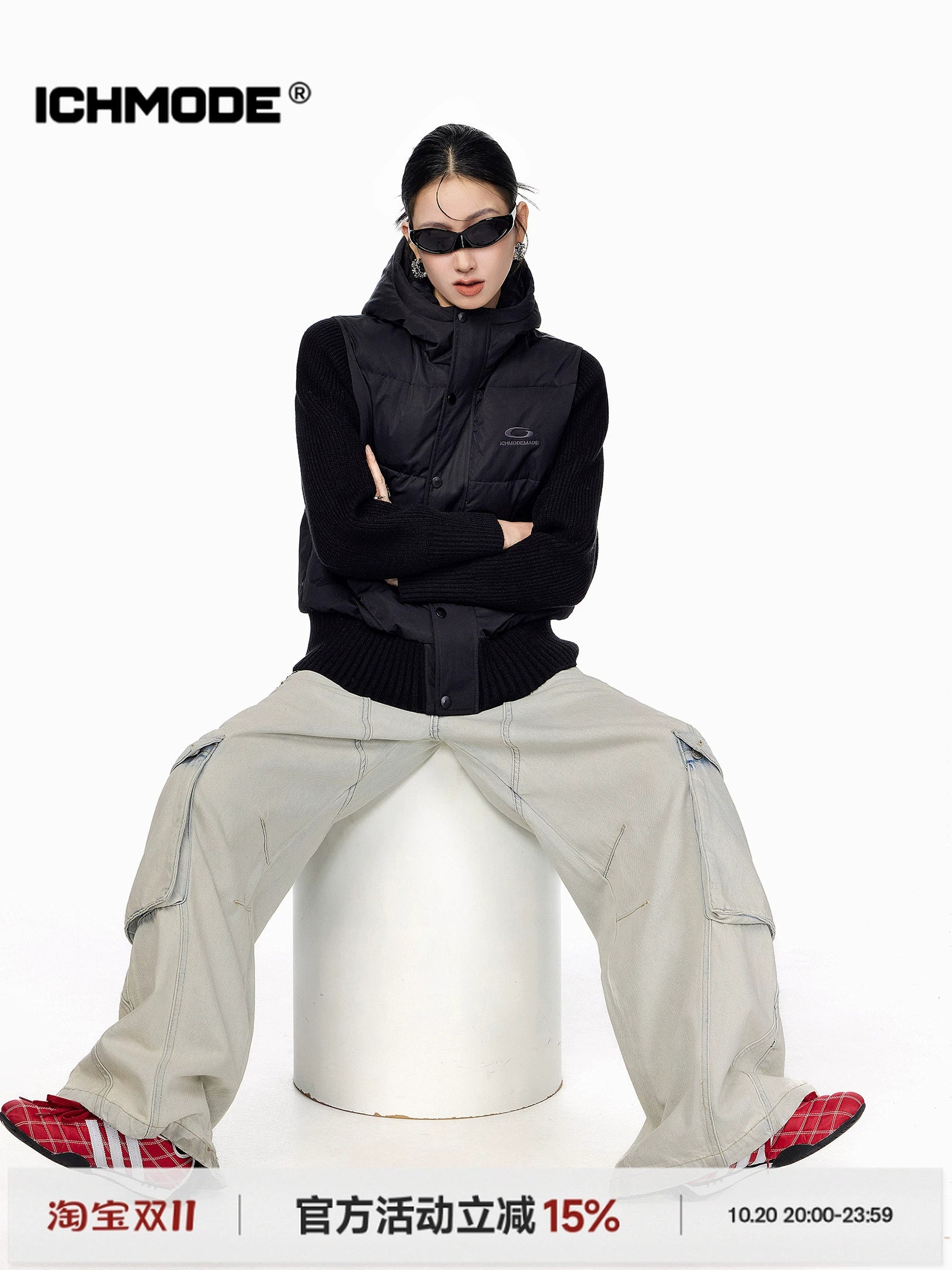 ICH MODE 美式复古假两件短款棉服外套女秋冬季修身连帽棉衣上衣