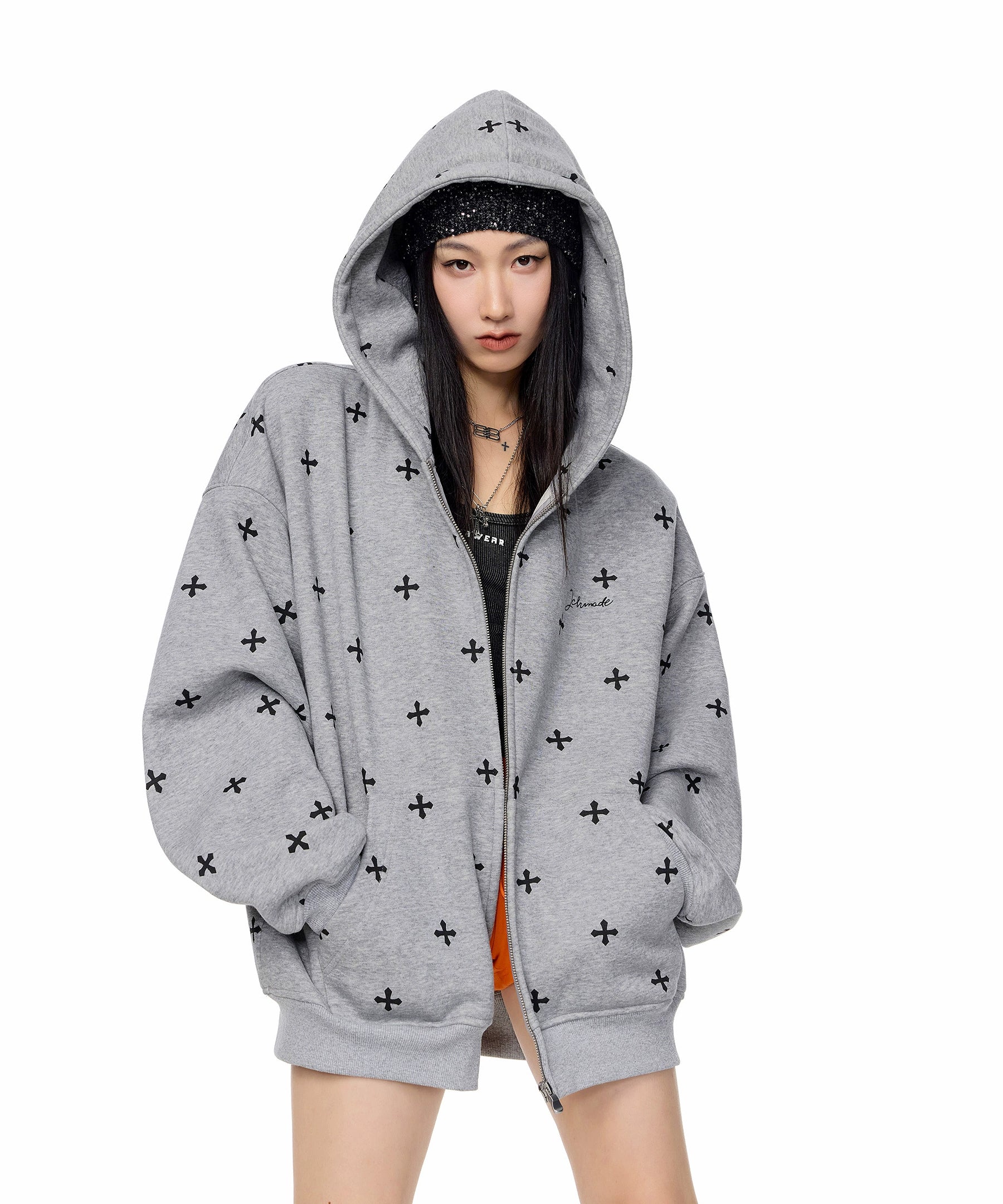 ICH MODE 美式哥特风十字架满印连帽卫衣外套女秋冬拉链开衫上衣