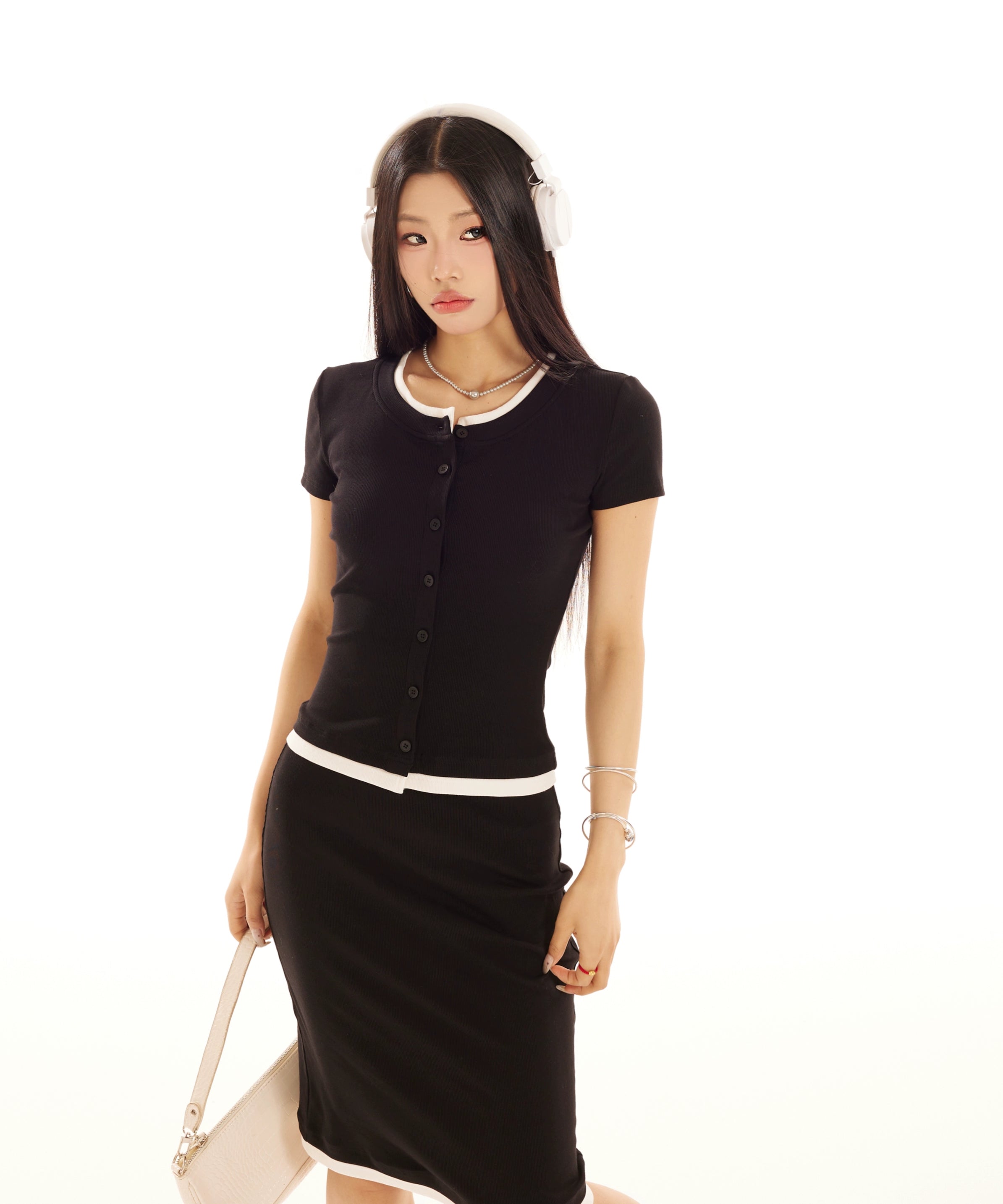 野生zerocircle休闲套装裙女春夏灰色假两件针织开衫直筒半身裙子