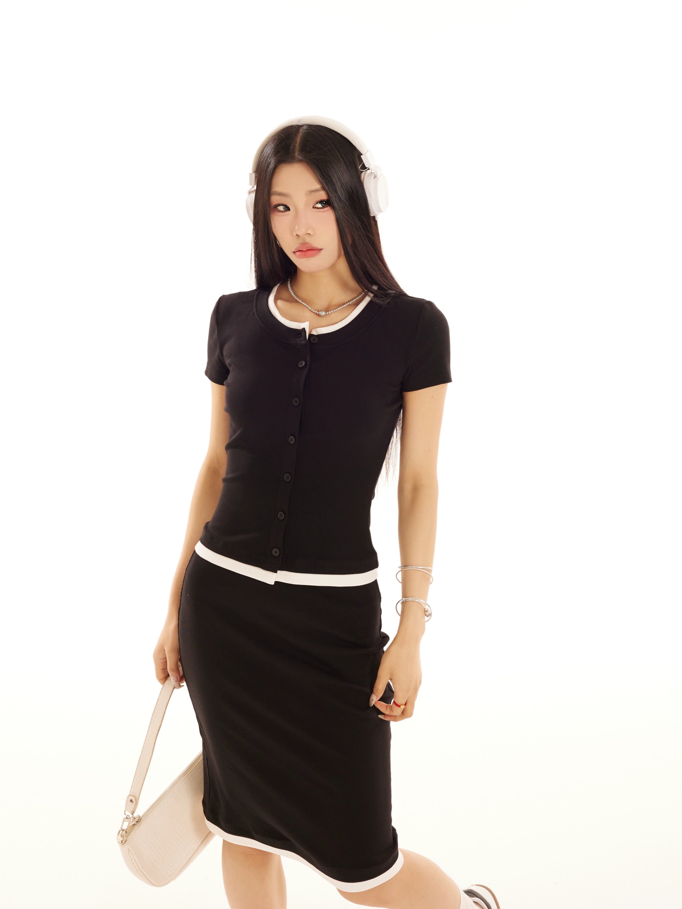 野生zerocircle休闲套装裙女春夏灰色假两件针织开衫直筒半身裙子