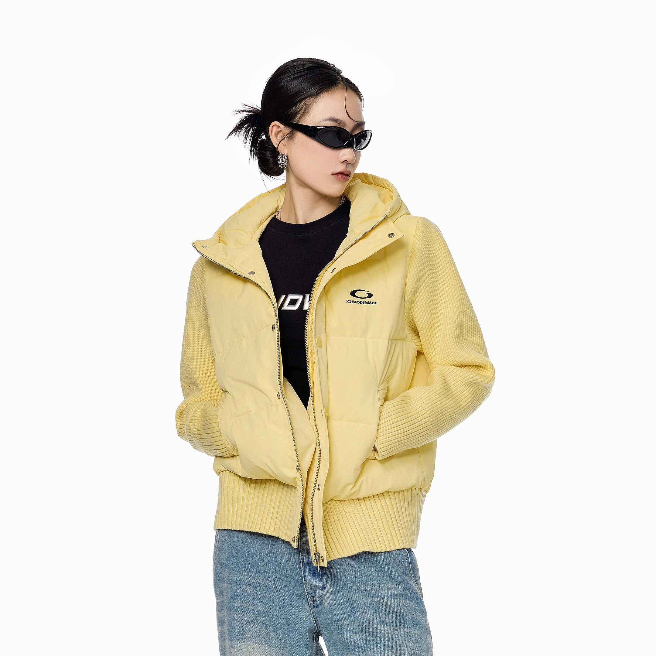 ICH MODE 美式复古假两件短款棉服外套女秋冬季修身连帽棉衣上衣