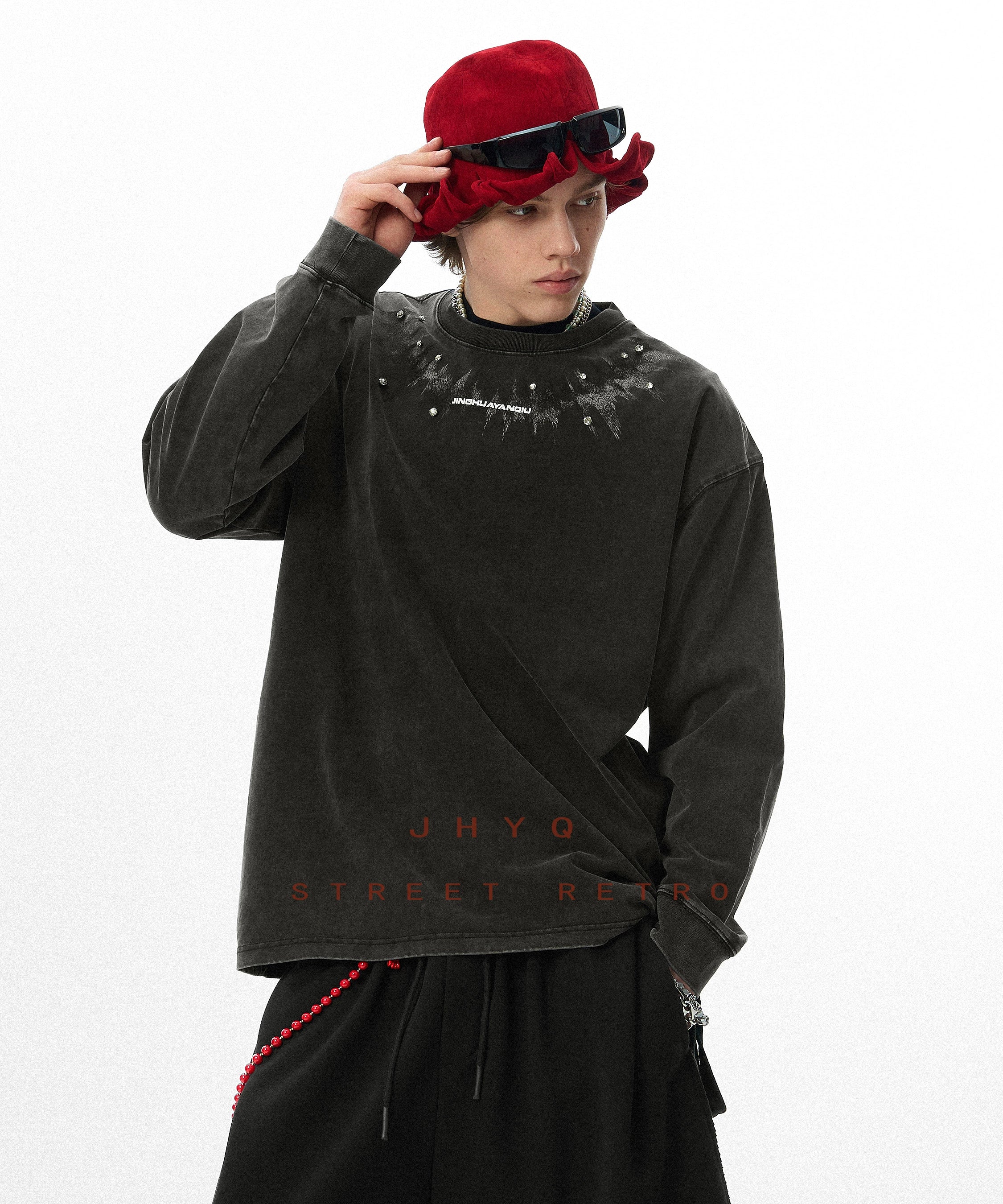 脉冲波丨JHYQ美式复古印花水洗重磅320g长袖T恤男宽松镶钻卫衣衫