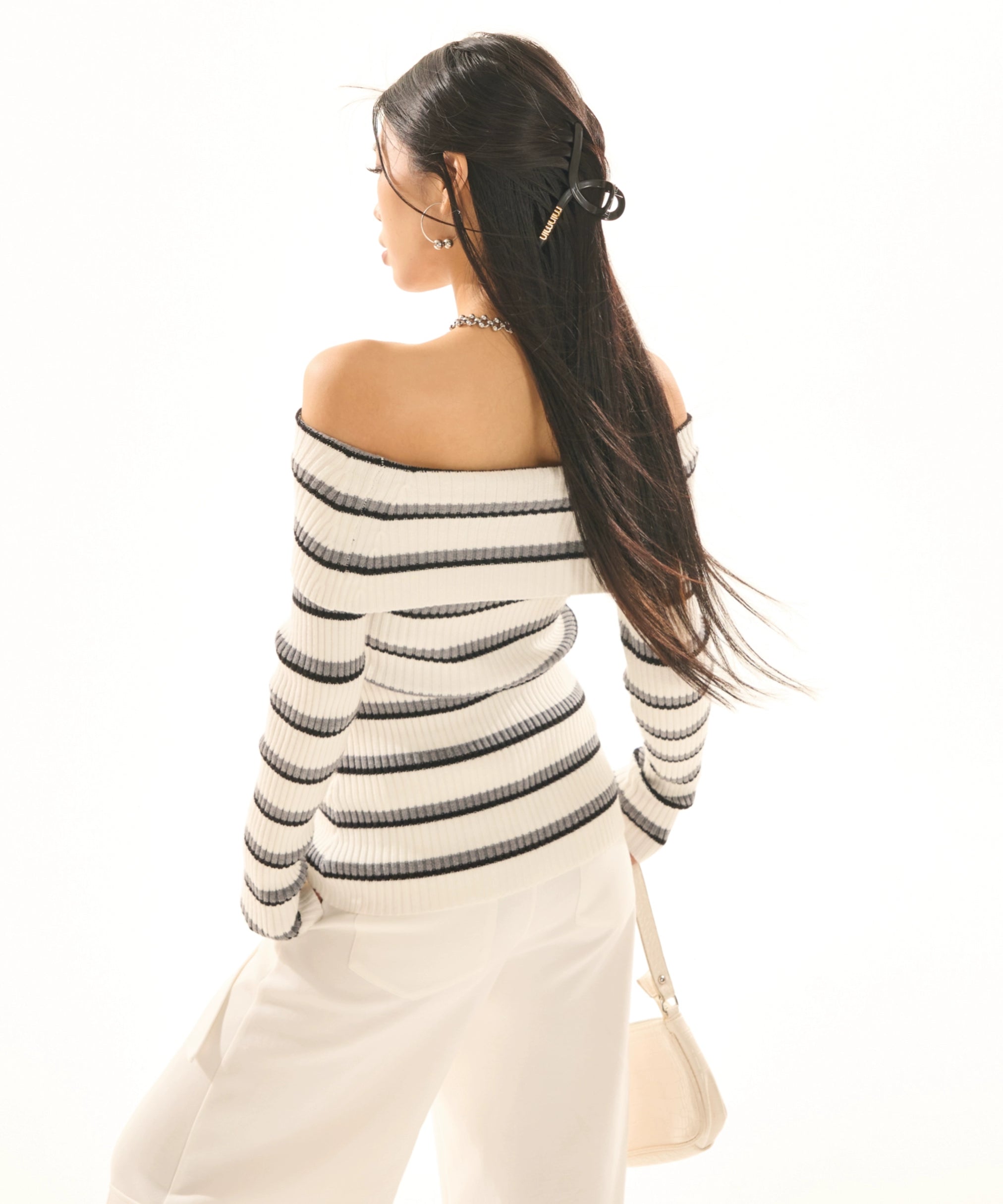 野生zerocircle一字肩撞色条纹毛衣女春季外穿修身显瘦针织衫上衣